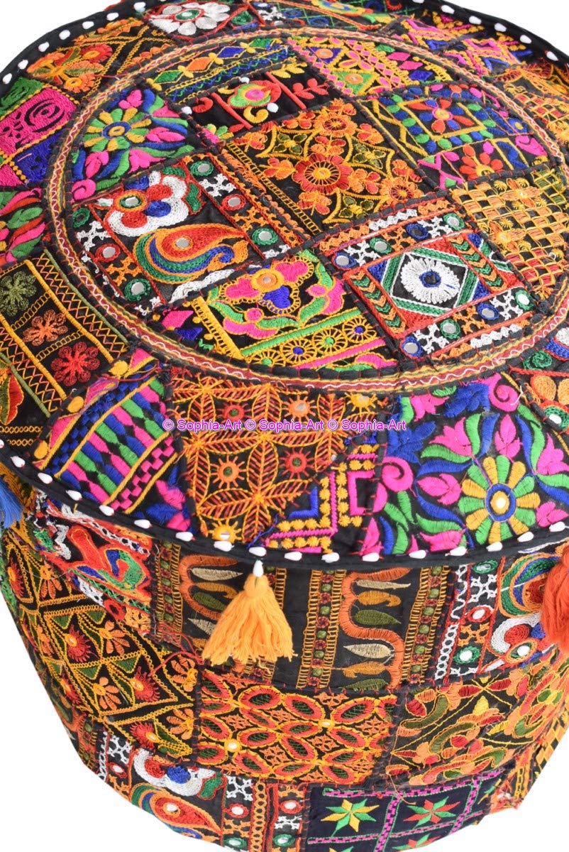 Sophia-Art Indian Embroidered Patchwork Cover Indian Decorative Pouf Indian Comfortable Floor Cotton Cushion Ottoman Pouf,Indian Designs Ethnic Patchwork Pouf (Black Rajkoti, 18"x13") 3