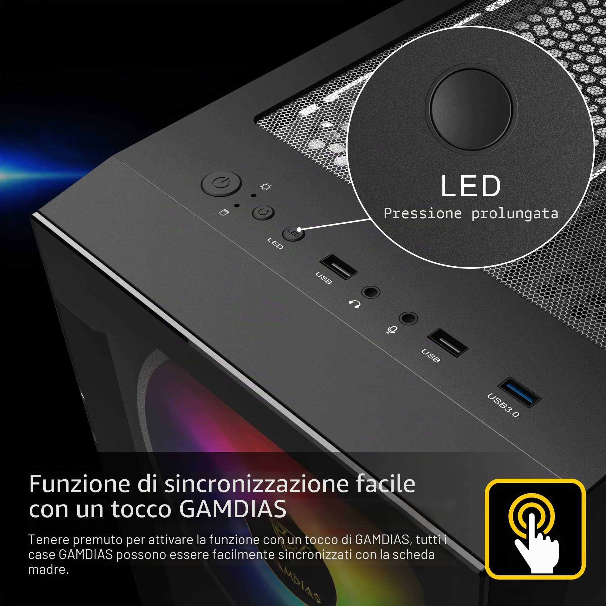 GAMDIAS APOLLO E2 Elite Gaming PC case, Mid-Tower ATX, pannello in vetro temperato, 3 doppie ventole ARGB integrate da 200 mm, finestra di installazione senza attrezzi, supporta schede madri fino a