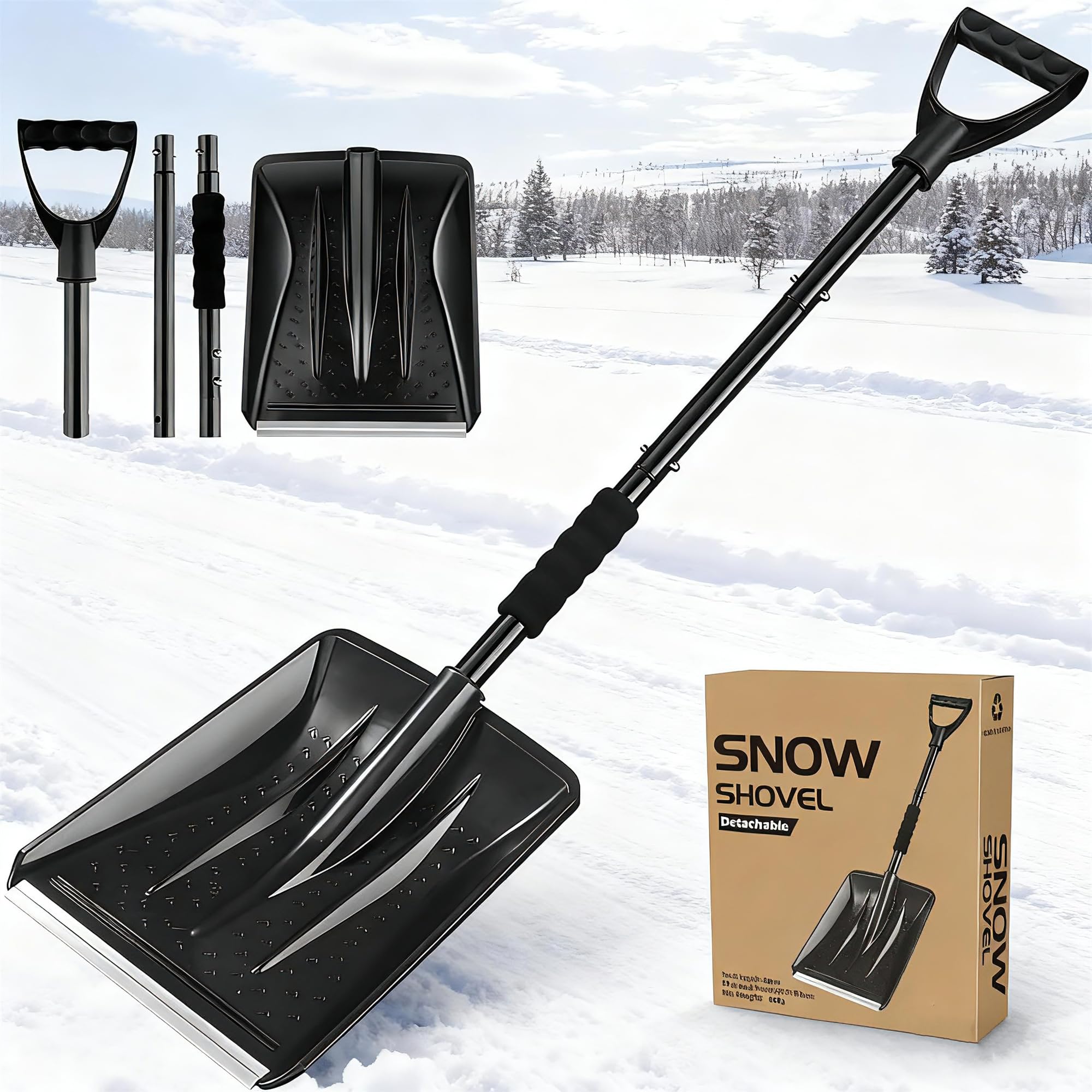 Snow Shovel 2025 Upgrade - Large Capacity Lightweight Aluminum Snow Removal Tool for Car Driveway Garden Camping Portable Parent Child Snow Play Shovel (Black)