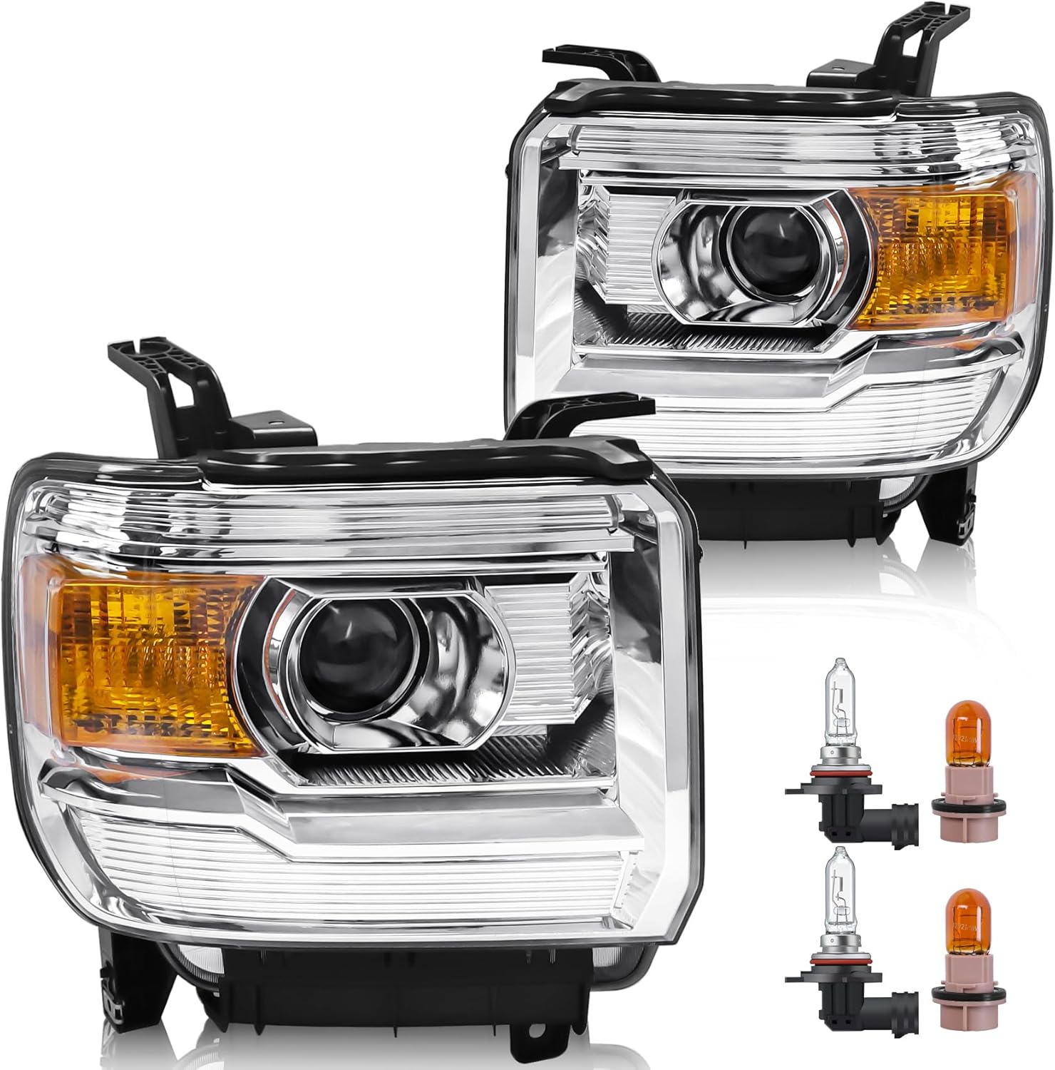 Headlight Assembly Compatible with GMC Sierra 2014-2018 1500 | 2015-2019 2500HD/3500HD Base/Denali/SLE/SLT, Halogen Headlamp Replacement W/O LED DRL, With Bulbs, Chrome Housing Amber Reflector Chrome Housing Amber Reflector Halogen