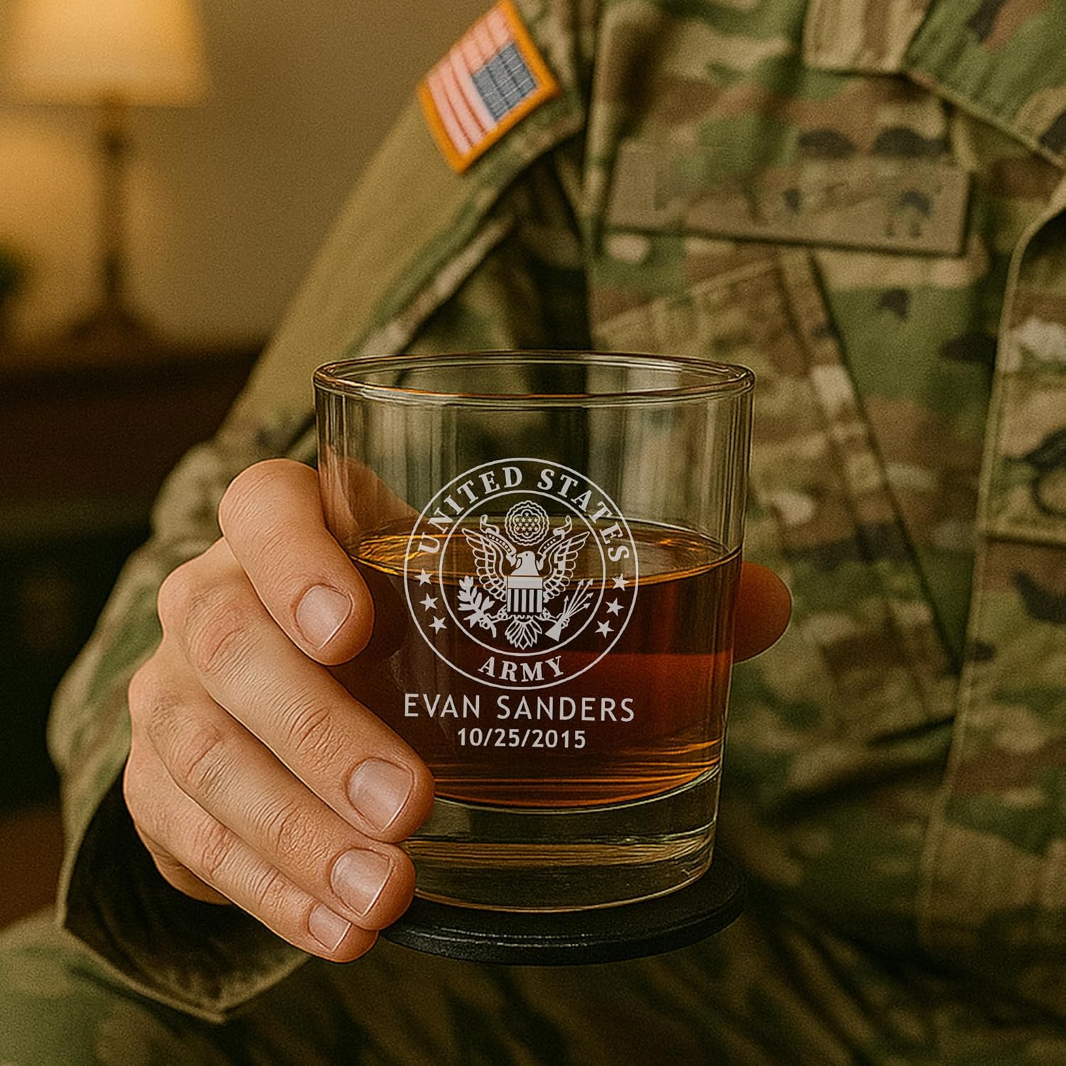 Personalized Military Sets - Custom Engraved Decanter & 4 Scotch Glasses - Army, Navy, Air Force, Coast Guard - Active Duty & Veterans (Scotch Glass Set)