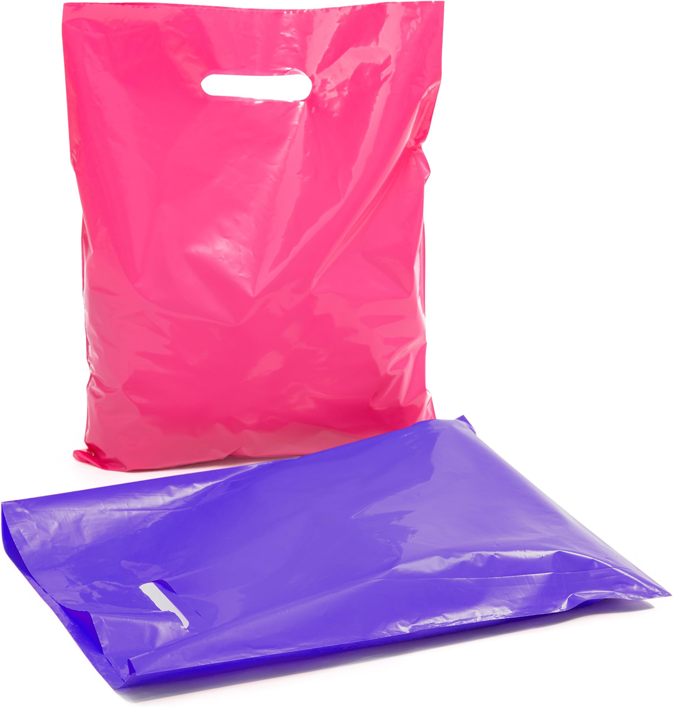 Plastic Reusable Retail Shopping Bags: 12x15 Flat, Glossy and Lightweight Pink and Purple Merchandise Bag Pack with Handles for Fashion Boutique, Salon, Jewelry or Clothing Store - 100 Bulk Set