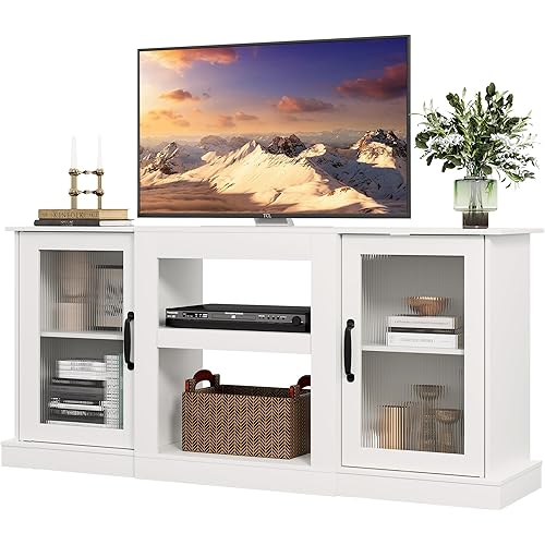 WLIVE Retro TV Stand for 65 inch TV, TV Console Cabinet with Storage, Open Shelves Entertainment Center for Living Room and Bedroom, White