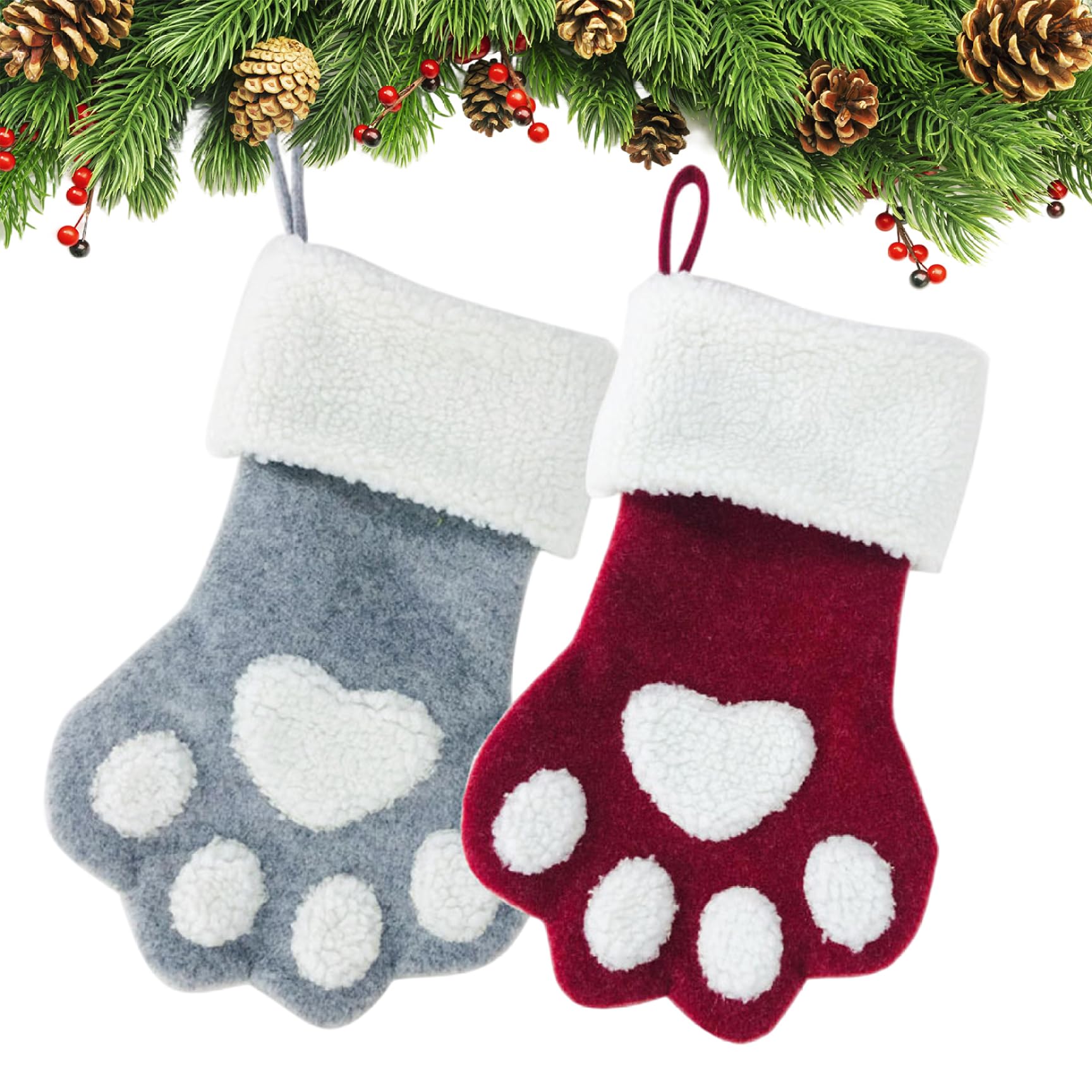 Gcroet 2PCS Cat Christmas Stocking Hanging Dog Paw Shape Christmas Stockings for Xmas Tree Fireplace Mantel 10x15.4 Inch.