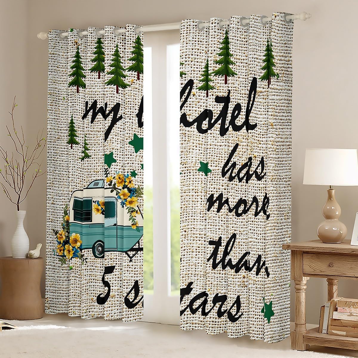 Happy Camping Window Curtains,Camper RV Trailer Decor Window Drapes for Kids Boys Girls Adults,Pine Trees Wilderness Adventure Beige Fashion Window Treatments Grommet Top 2 Panel Set,38Wx54L inch