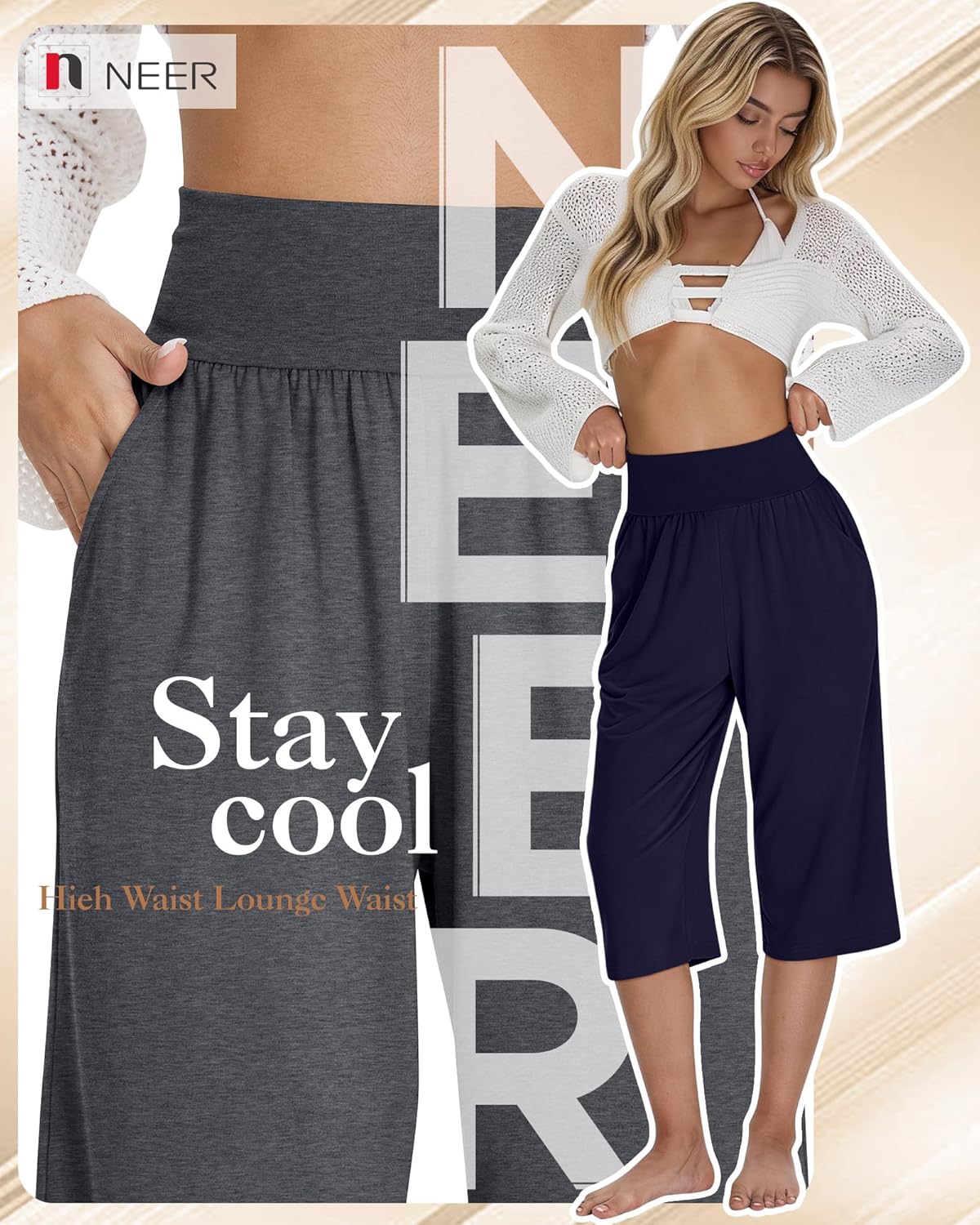 Neer 3 Pack Women Capri Pants, Wide Leg High Waist Crop Lounge Sweatpants Summer Casual Workout Pants with Pocket - Image 2