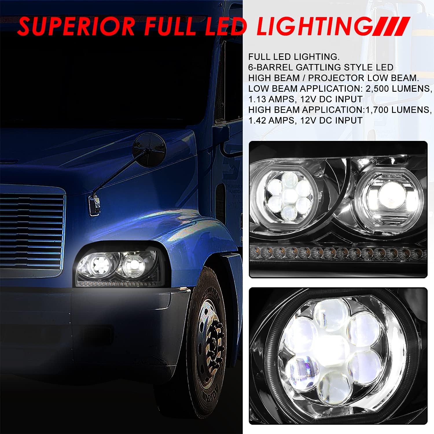 Auto Dynasty Dual LED Halo DRL Projector Headlight Assembly with Sequential Chase Amber LED Turn Signal Compatible with Freightliner Century 1996-2010, Driver and Passenger Side, Chrome Housing