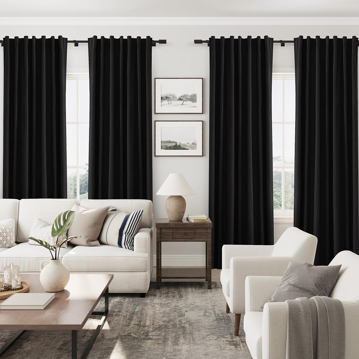 Black 100% Blackout Linen Curtains 84 Inches Long 2 Panels for Bedroom Vintage Modern Black Out Drapes Thermal Insulated Back Tab Rod Pocket Window Curtain 84 Inch Length for Living Room