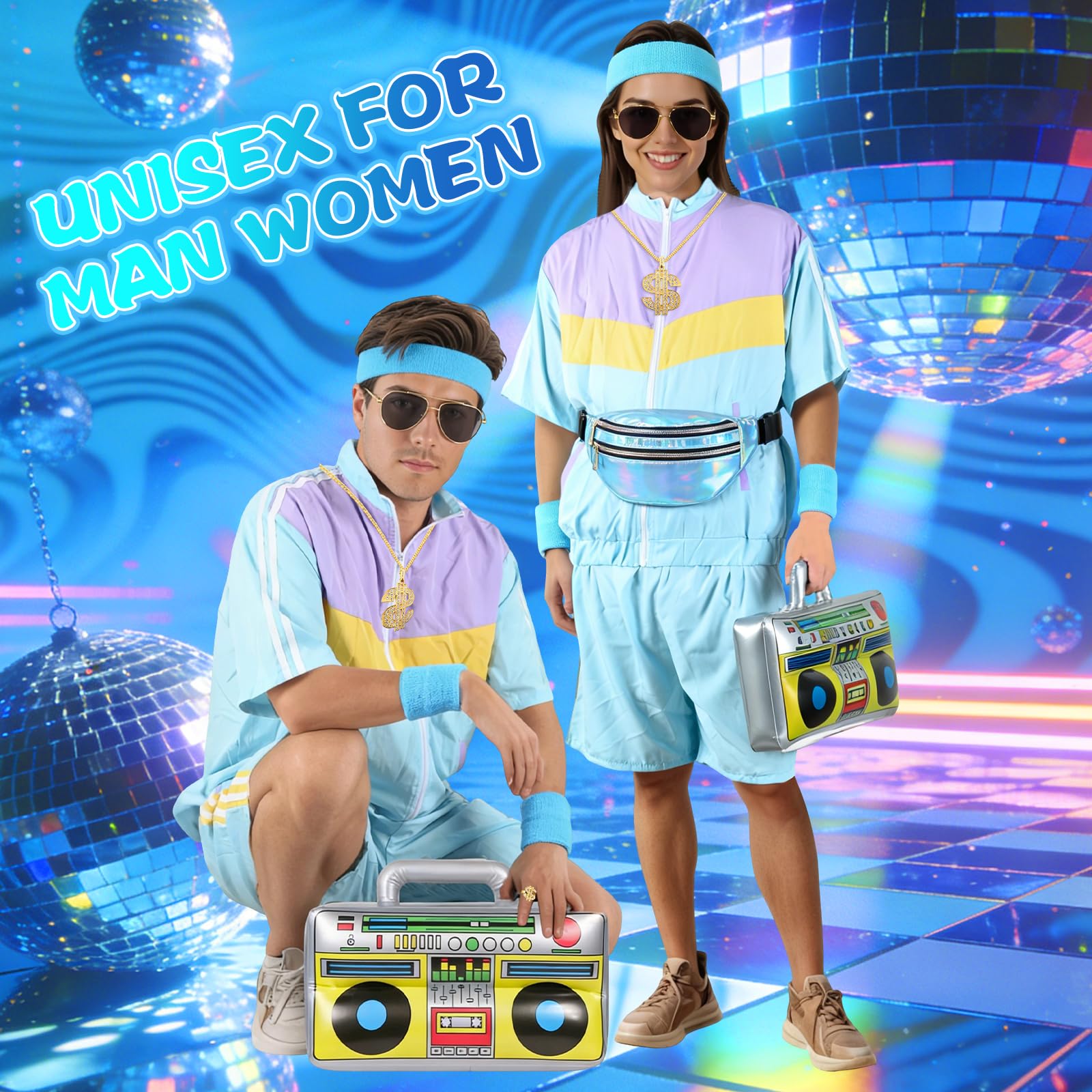 Strój damski i męski na lato w stylu lat 80., krótki kostium z kieszenią na brzuch, nadmuchiwany boombox i akcesoriami – strój do biegania w stylu lat 80., na festiwal, karnawał, imprezę tematyczną