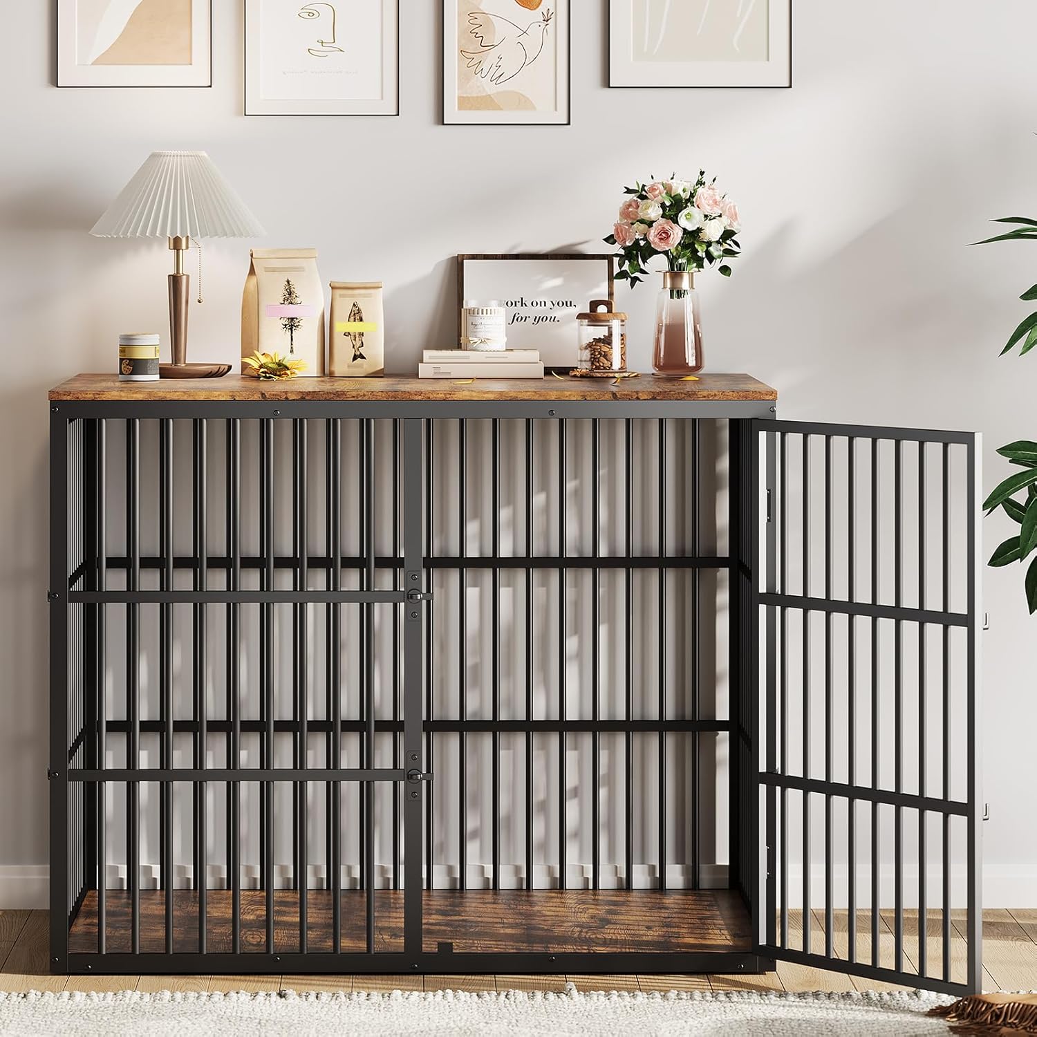 Garvee 48 in Dog Crate Furniture, 3-in-1 Wooden Dog Kennel with 3 Lockable Doors, Heavy Duty Metal Frame & Sturdy Panels, Large End Table for Medium to Large Breeds, Brown & Black