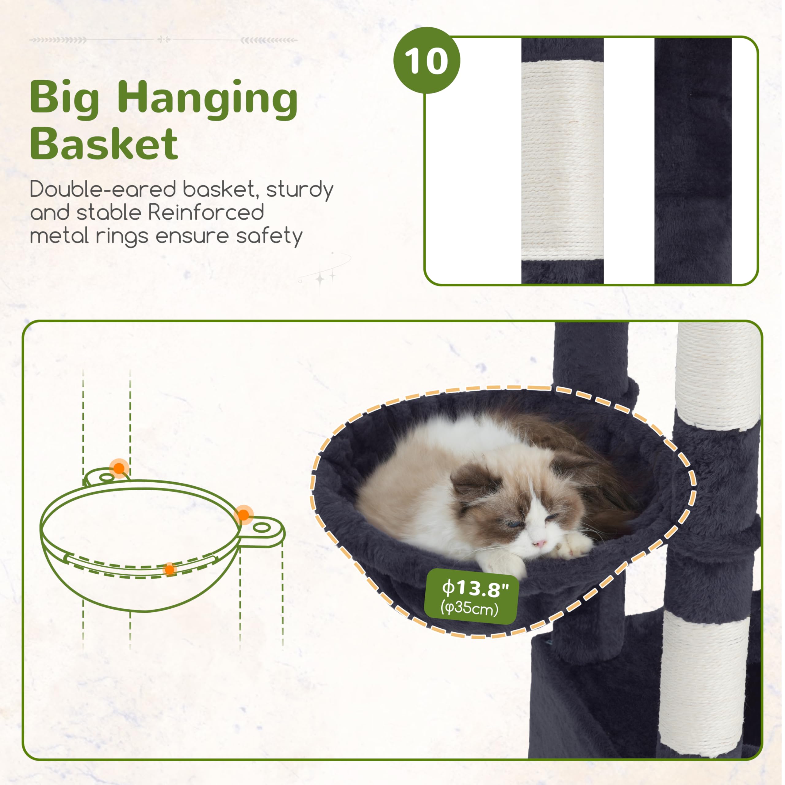 Gitelsnour Rascador para Gatos de 182 cm, Árbol rascador para Varios Gatos antivuelco y Estable con 3 Cuevas Grandes, con 3 Plataformas, Cesta Colgante y 10 Postes rascadores, Gris Ahumado GCT036G