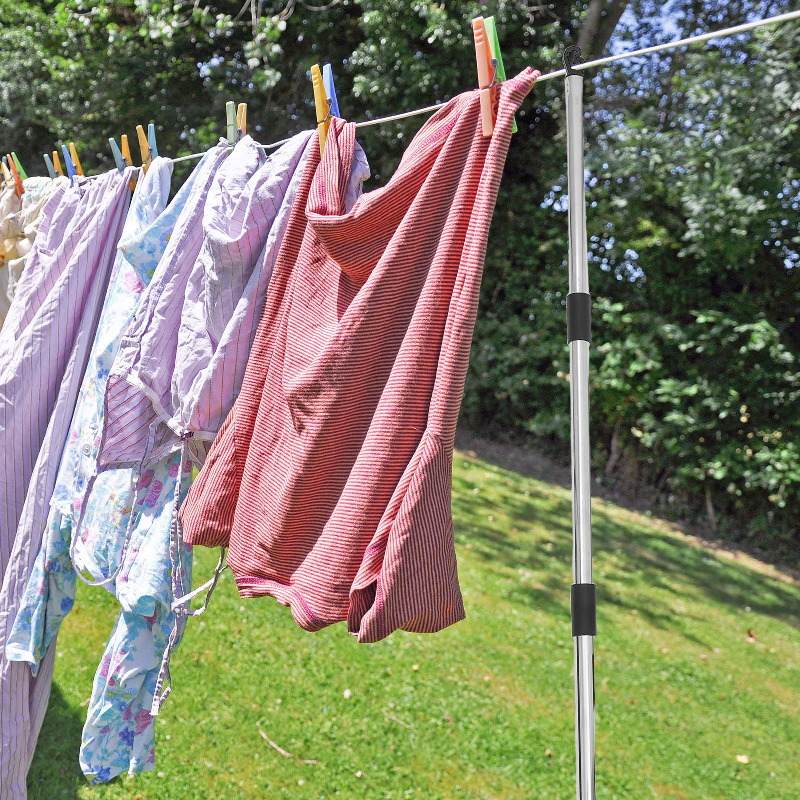 YARNOW Reise Wäscheleine 10m mit 2,2m Abnehmbarer Wäscheleinenstütze Stahl und Nylon Inklusive Trocknungsklammern für Garten und Camping