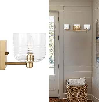 Scott Living 3-Light Lochdale Modern Wall Sconce in Satin Brass Finish with Clear Ribbed Shade DJV1113SB, Stylish Wall Light Enhances Bedroom and Bathroom Wall Decor with Elegant Vanity Lighting
