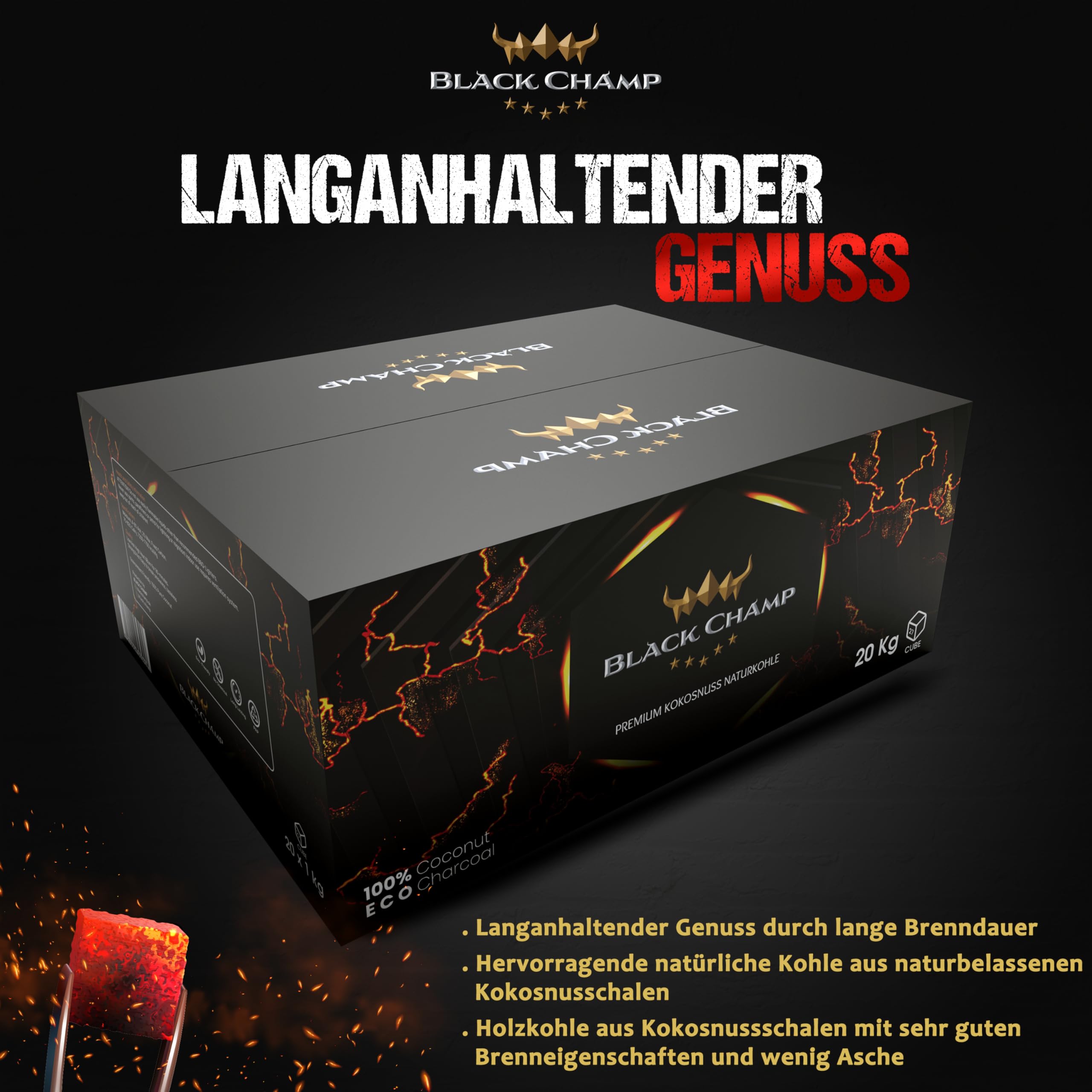Shisha Kohle | 27 mm | 10 kg | Black Champ | Premium Naturkohle aus Kokosnussschalen| Für Shisha und Grill