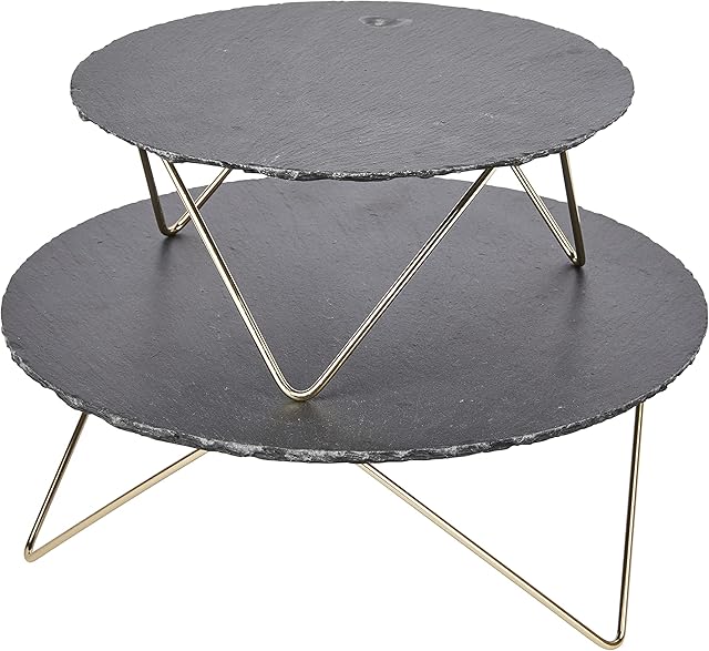 Artesà Tiered Serving Platter, 2 Round Slate Serving Stands with Raised Metal Legs, For Afternoon Tea, Cheese, Cakes, Sandwiches & More, 30.5 x 30.5 x 24cm