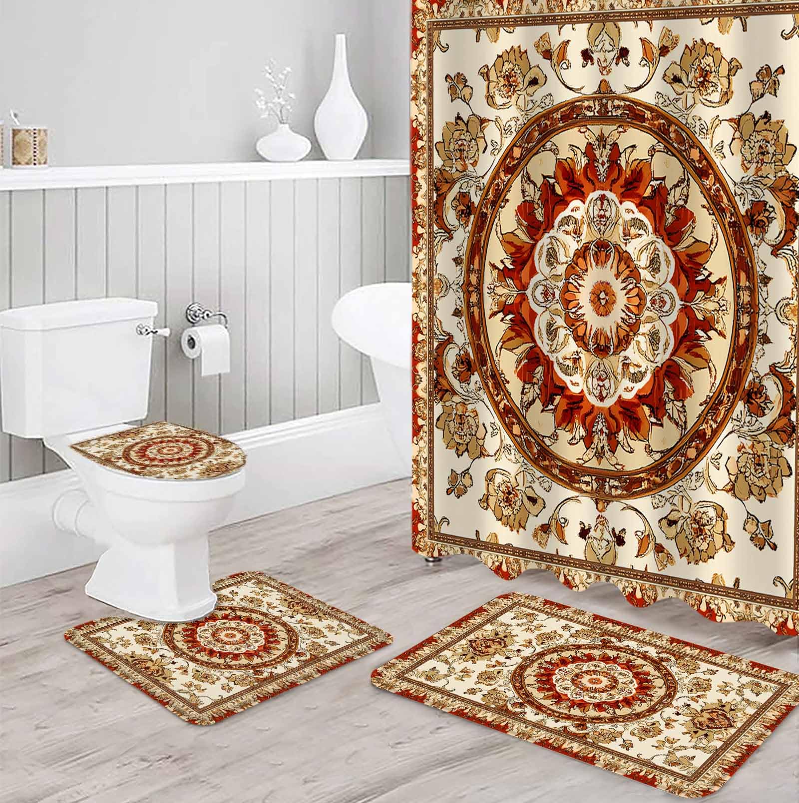 Orange Boho Bathroom Set with Shower Curtain and Rug and Accessories - 36x72 Inches Long Bohemian Oriental Farmhouse Indian Print Stall Curtain Waterproof with Large Bath Mat, Washable Runner Rug Set