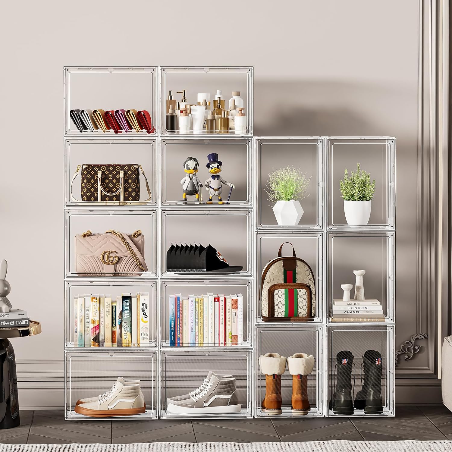 5 Pack Stackable Storage Bins with Lids, White Plastic Storage Container with Clear Lids, Clear Display Case with Magnetic Door for Purse, Handbag, Figure, Collectibles, Doll, Bag, 14.2"x8.66x10.6" - Image 2