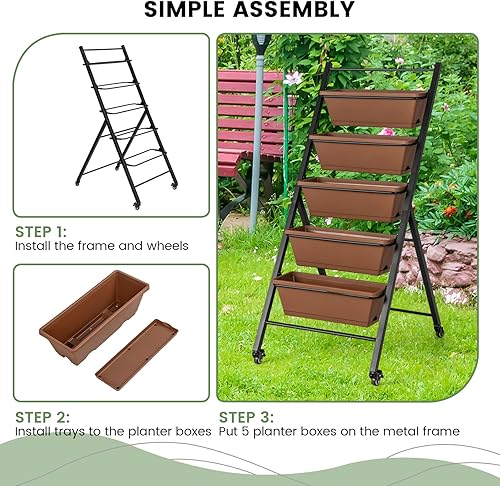 Miniatura 8 de Giantex 2 macetas verticales elevadas sobre ruedas, camas de jardín elevadas con orificio de drenaje de agua, 5 cajas de contenedores independientes
