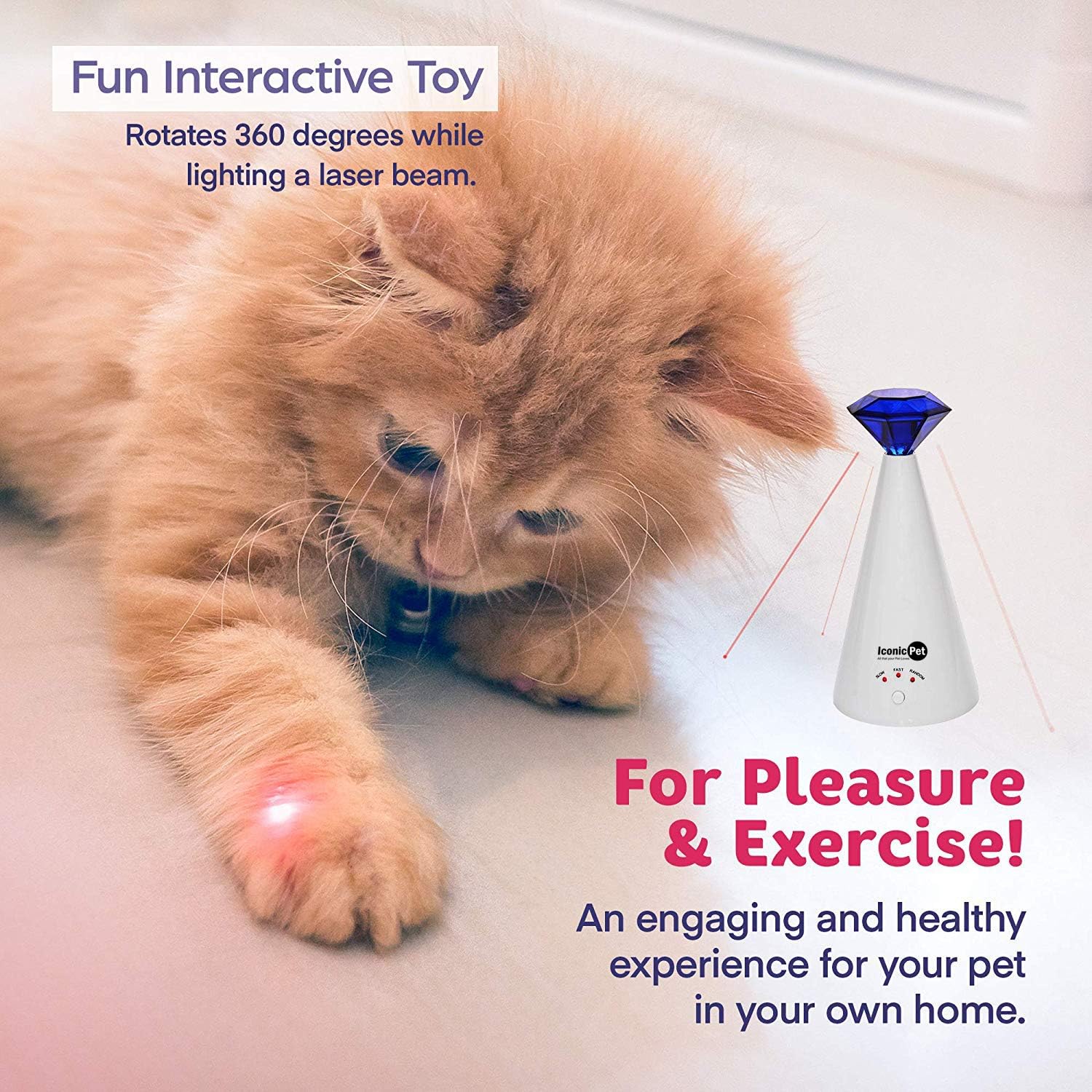 Iconic Pet Fun Safe Automatic Light Chaser Interactive Laser Cat Toy With Laser Pointer For Pets - Exercise Training Toy, 360 Degrees Rotating with 3 Speed Adjustable Mode
