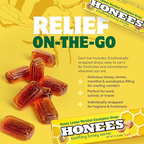 Miniatura 3 de Honees Gotas rellenas de mentol para la tos de limón, miel, mentol y limón, alivio del dolor de garganta, nada artificial, pastillas naturales para
