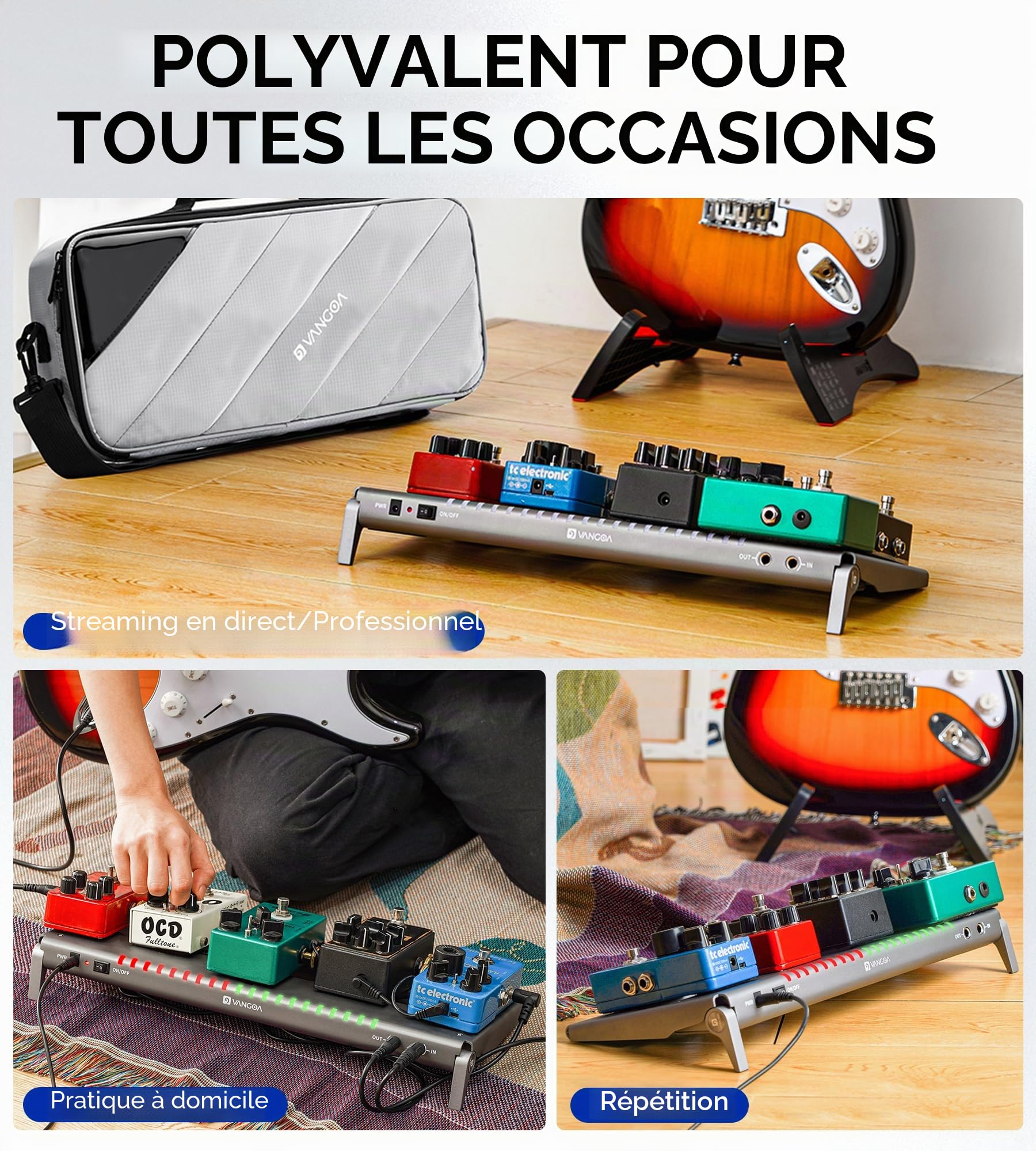 Vangoa Pédalier de guitare avec alimentation isolée intégrée, VPPD-S Petit pédalier de guitare électrique portable et pliable en aluminium avec sac de transport, 1,3kg, gris