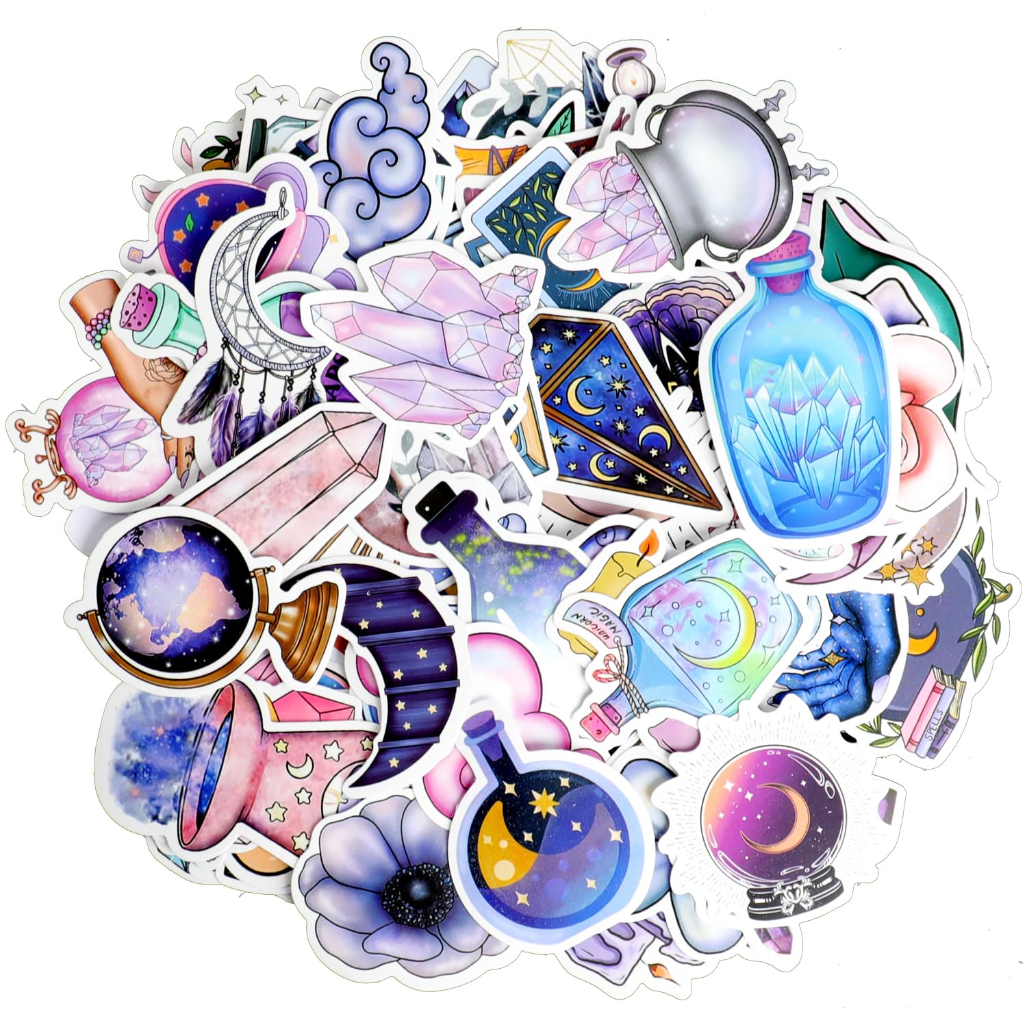 100PCS Purple Boho Magic Moon Cat Moon Witchy Apothecary Vinyl Waterproof Aesthetic Graffiti Stickers for Water Bottles, Laptops, Guitars - Suitable