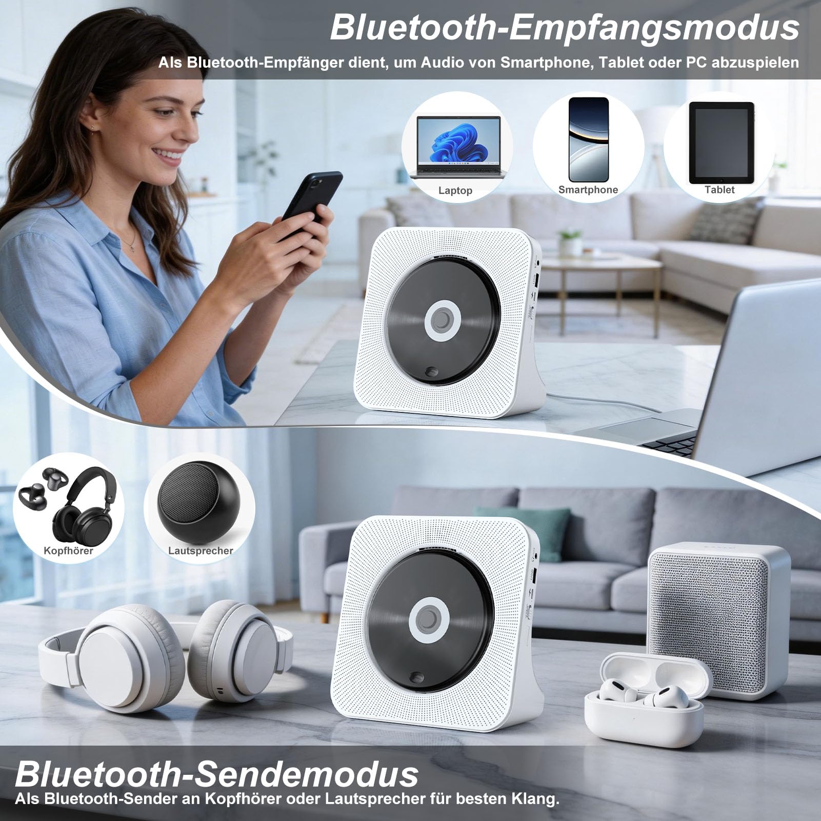 CD Player Tragbar Bluetooth 5.0 CD Spieler Tragbarer CD-Player mit Fernbedienung HiFi-Sound Lautsprecher Staubschutz LED-Bildschirm FM-Radio, unterstützt 3.5mm-AUX/USB/MP3, für Kinder Geschenk Zuhause