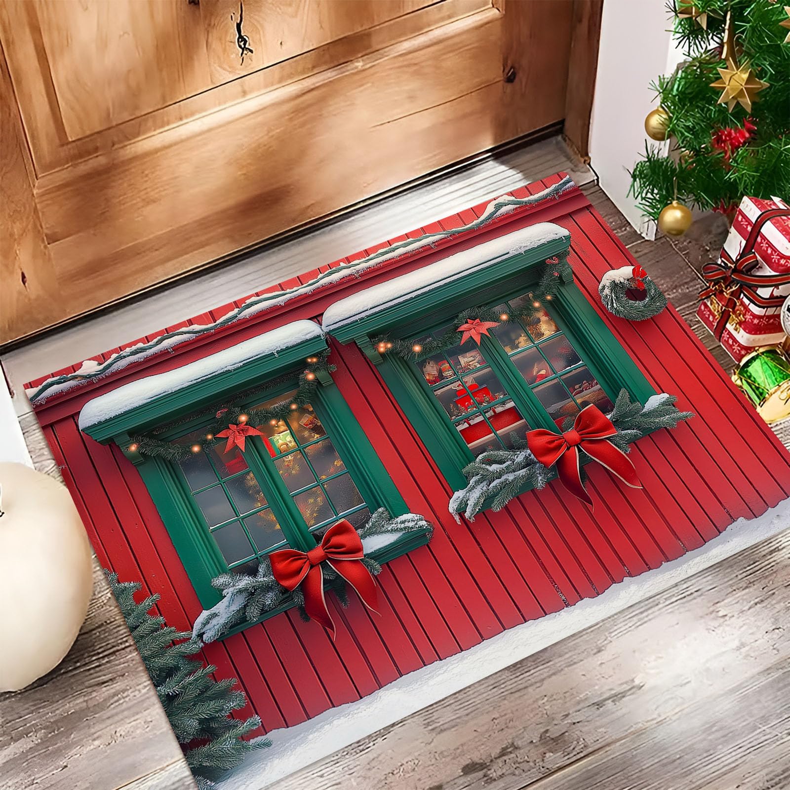 Tapis de sol antidérapant et absorbant de Noël, grand modèle lavable rouge et vert pour entrée