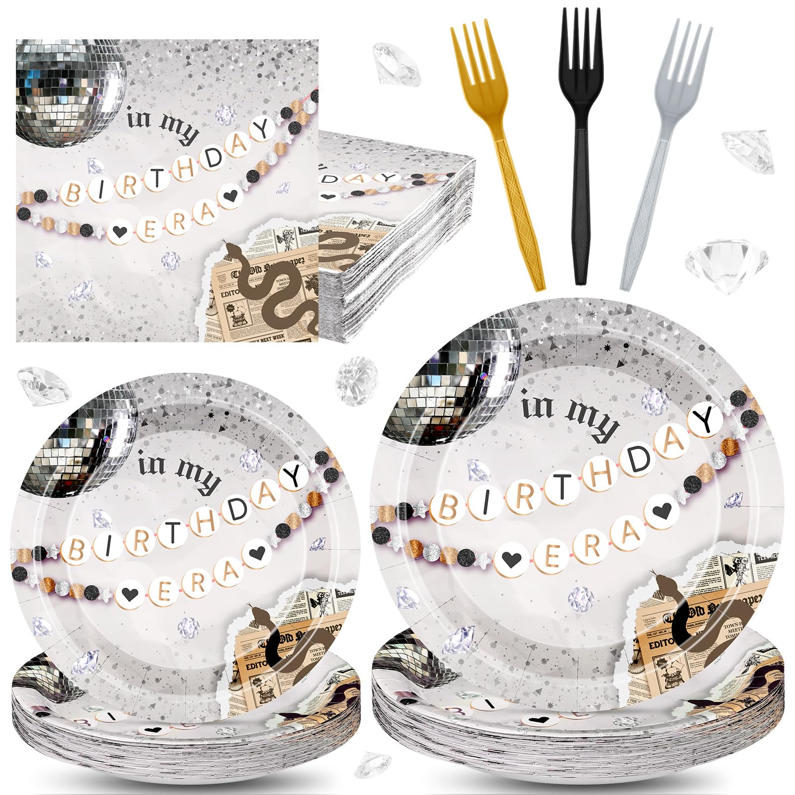 Baderke In My Birthday Era Party Tableware Set, 96 Pcs Disposable Paper Plates, Napkin, Fork, Music and Friendship Themed Party Supplies for Girls