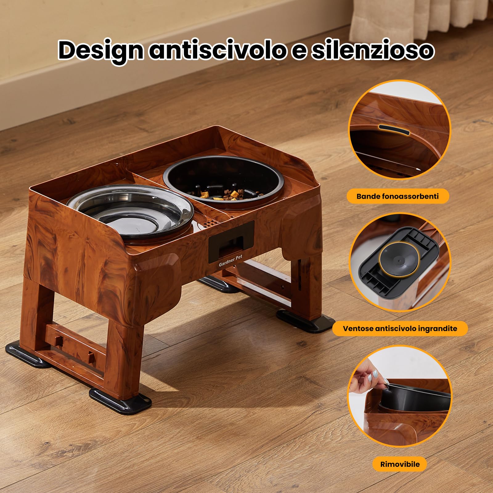 Gardner Pet Set di 2 Ciotole Rialzate per Cani, Regolabili in 5 Altezze, con Ciotola Anti-Ingozzamento e Ciotola Acqua Inox, Supporto Antiscivolo e Antischizzo, per Tutte le Taglie, Colore Legno