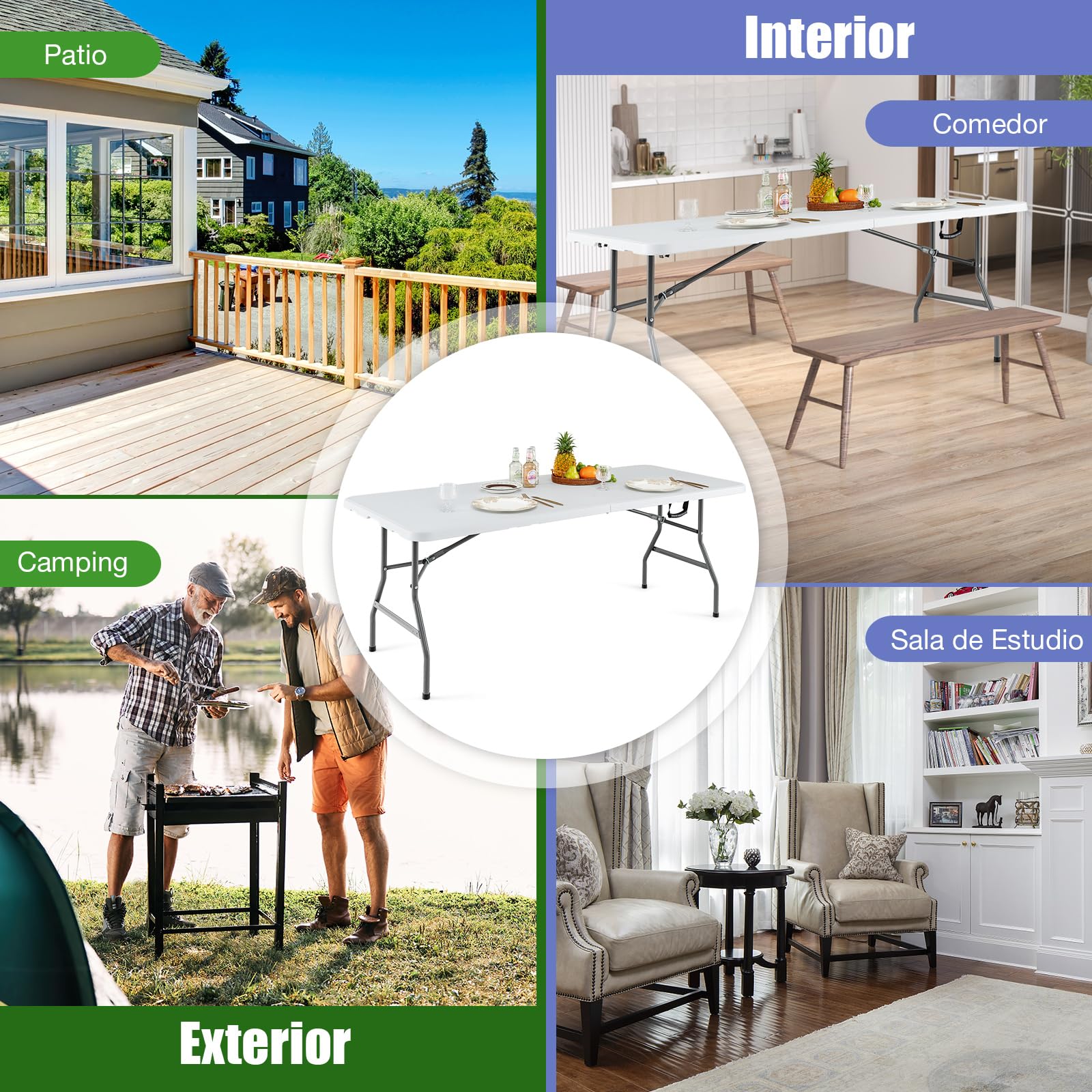 GYMAX Mesa Rectangular Plegable, Mesa de Comedor Exterior e Interior de HDPE, con Patas de Metal, Almohadillas Antideslizantes, para Camping, Picnic, Jardín, Playa, 180 x 75 x 73,5 cm, Blanco