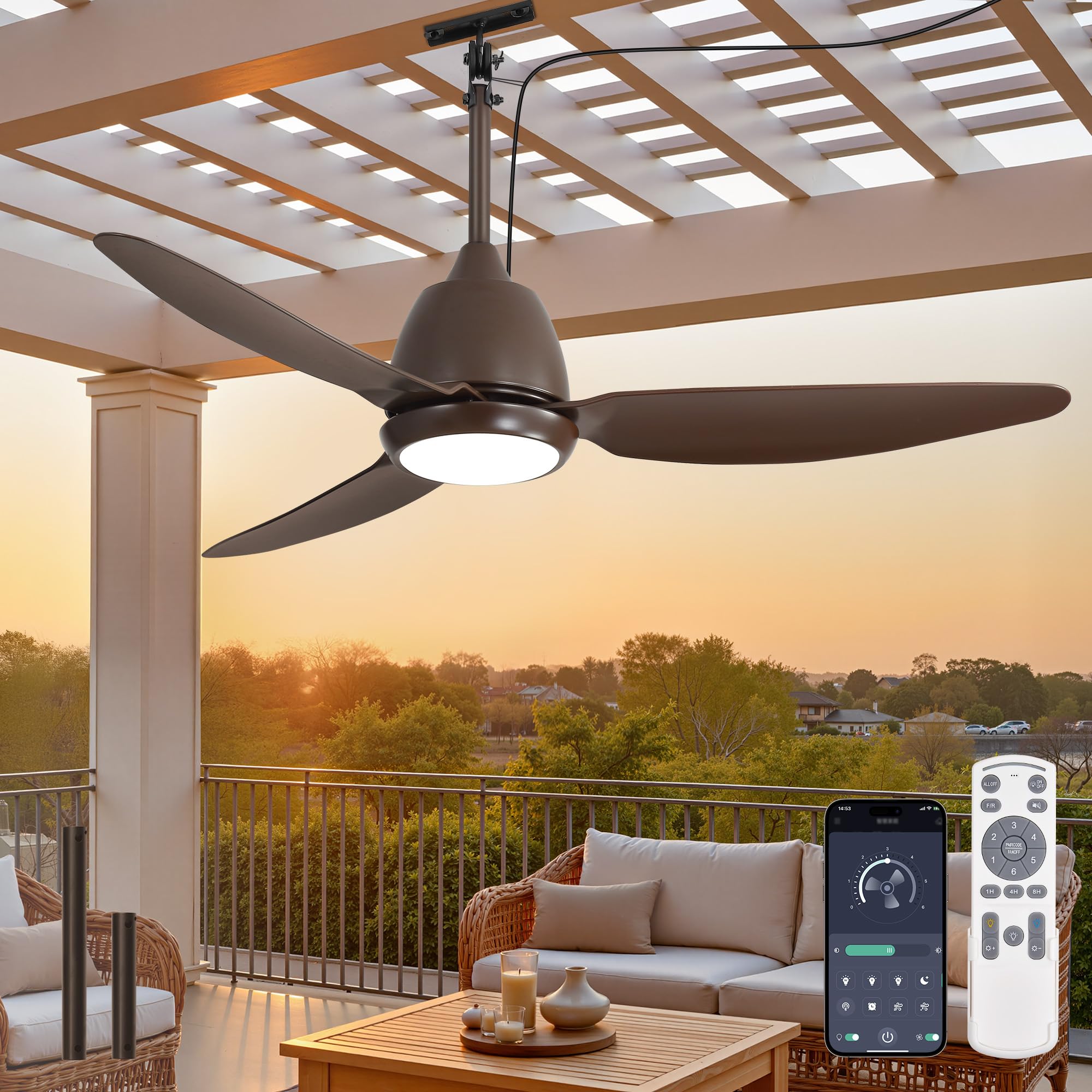 Photo 1 of 42 In Outdoor Ceiling Fan with Light, Plug-in Ceiling Fans with Waterproof IP65, Smart APP Remote Control, 6-Speed DC Motor, Dimmable 3CCT, Hanging Fans with Cord for Gazebo Patio Porch (Bronze)