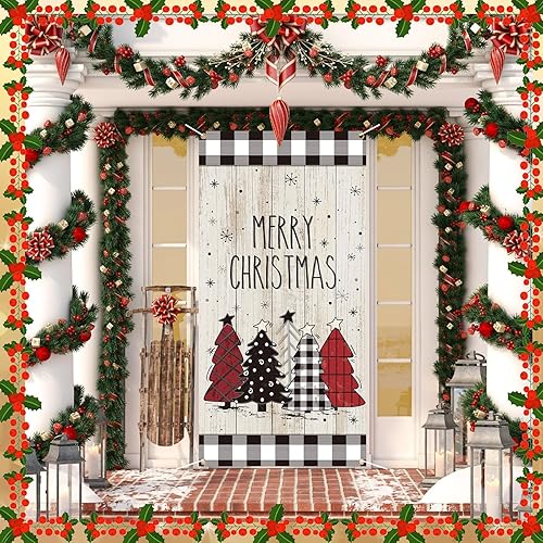 Miniatura 7 de Buryeah Cubierta de puerta de árbol de Navidad, decoración de puerta de árbol de Navidad, pancarta de invierno para puerta delantera, telón de fondo