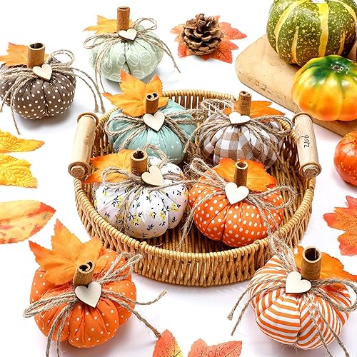 Geelin 8 Pcs Fall Fabric Pumpkin Decor Artificial Pumpkin for