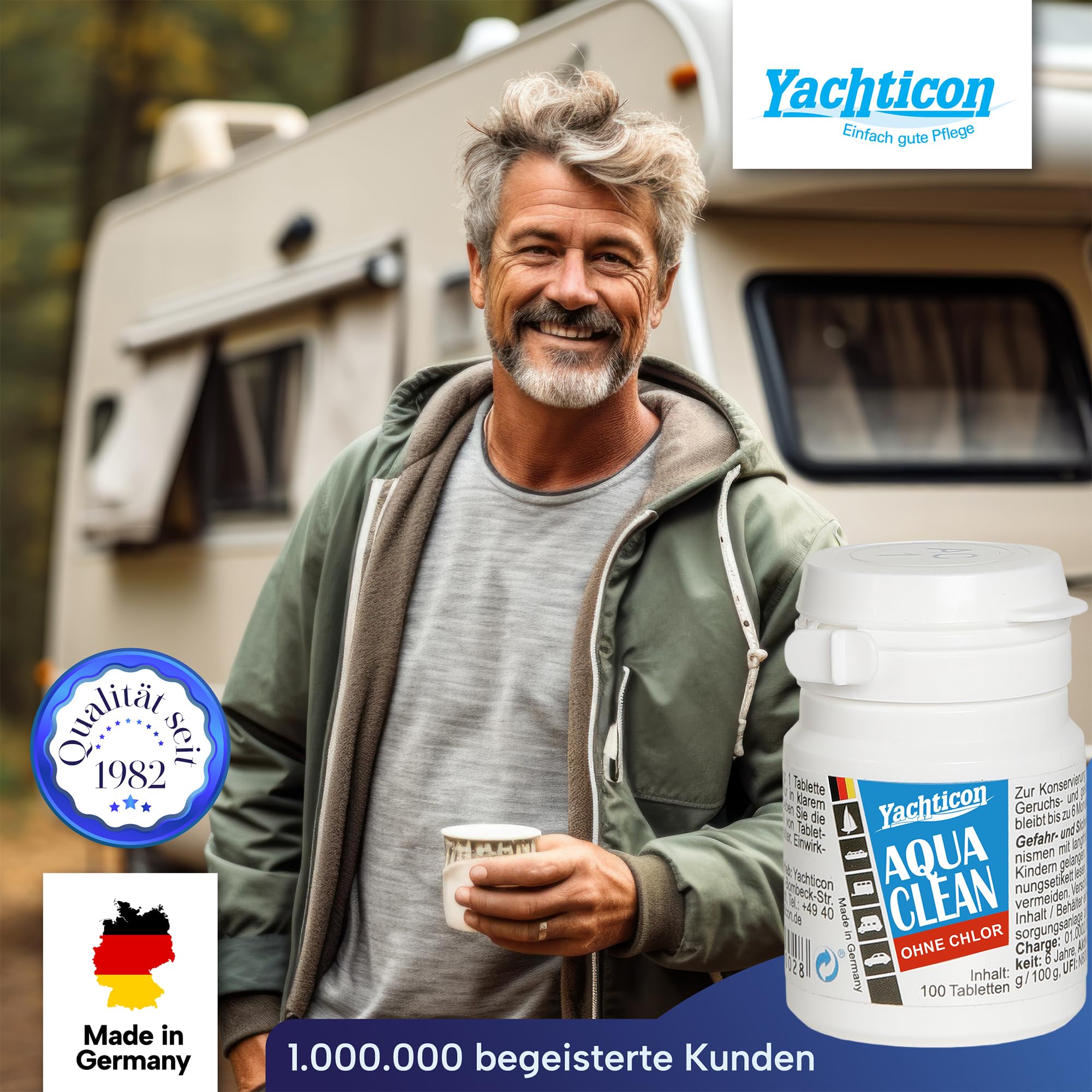 Yachticon Aqua Clean Wasseraufbereitungstabletten ohne Chlor – 100 Tabletten für 2000 Liter Trinkwasser | konserviert Wasser für Kanister bei Camping, Outdoor, Prepper & Blackout Vorsorge | AC 20