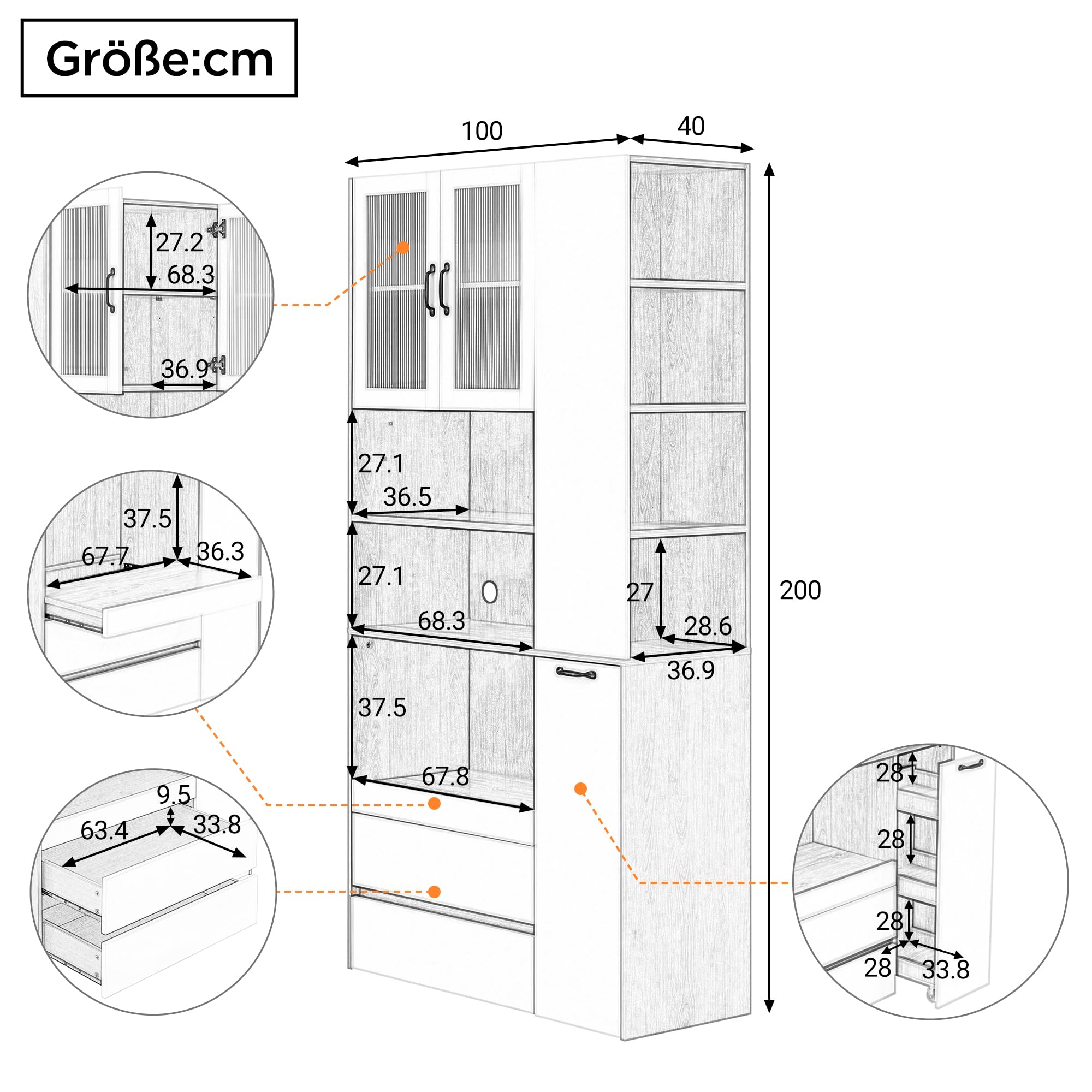 Credenza Alta in MDF e Vetro Scanalato, per Cucina, Bianco, 100x40x200 cm