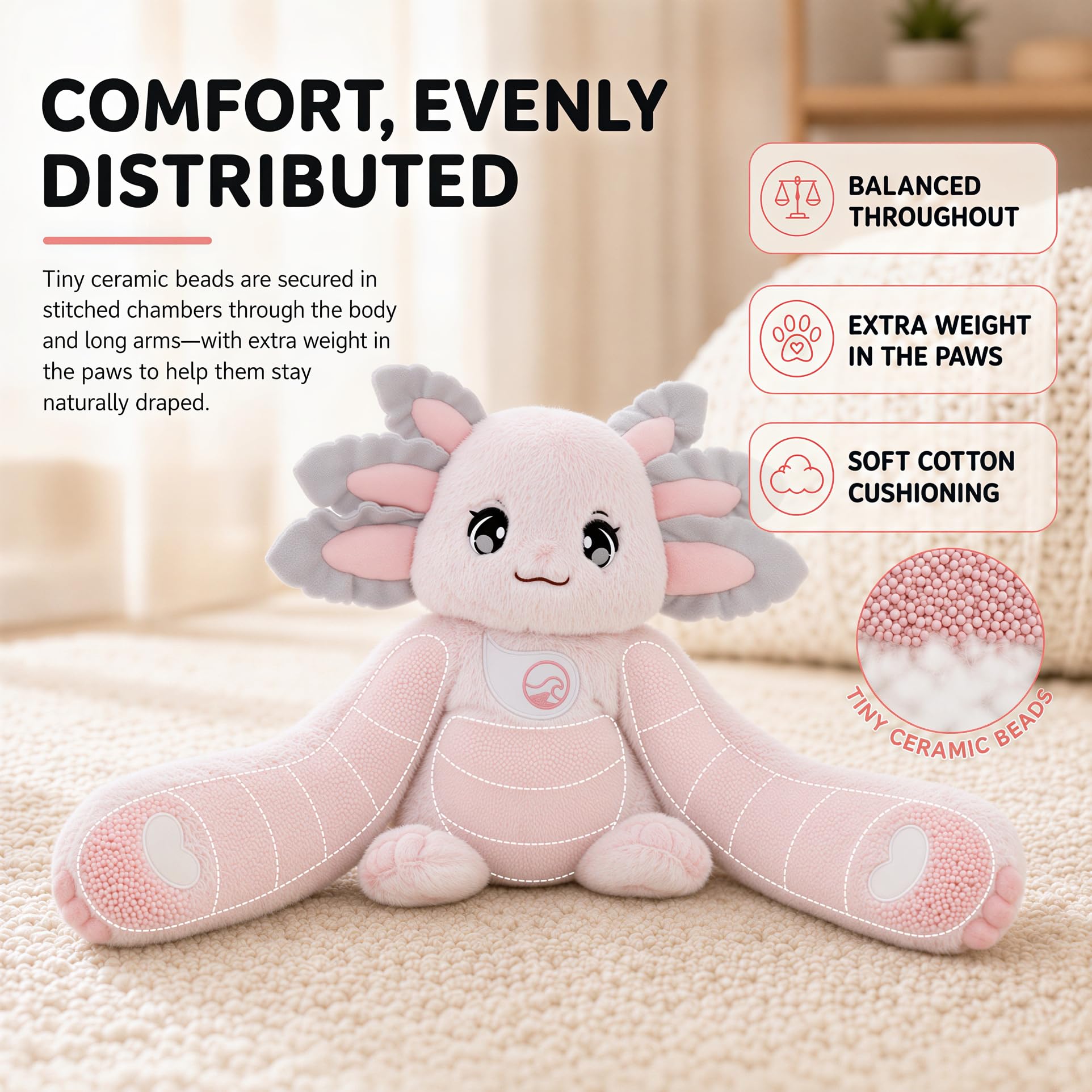Huggle Healers Animaux en peluche lestés pour adultes, adolescents et enfants – Bras en peluche rose de 91,4 cm de long pour câlins – Peluches axolotl de 2,04 kg – Ula Axolotl