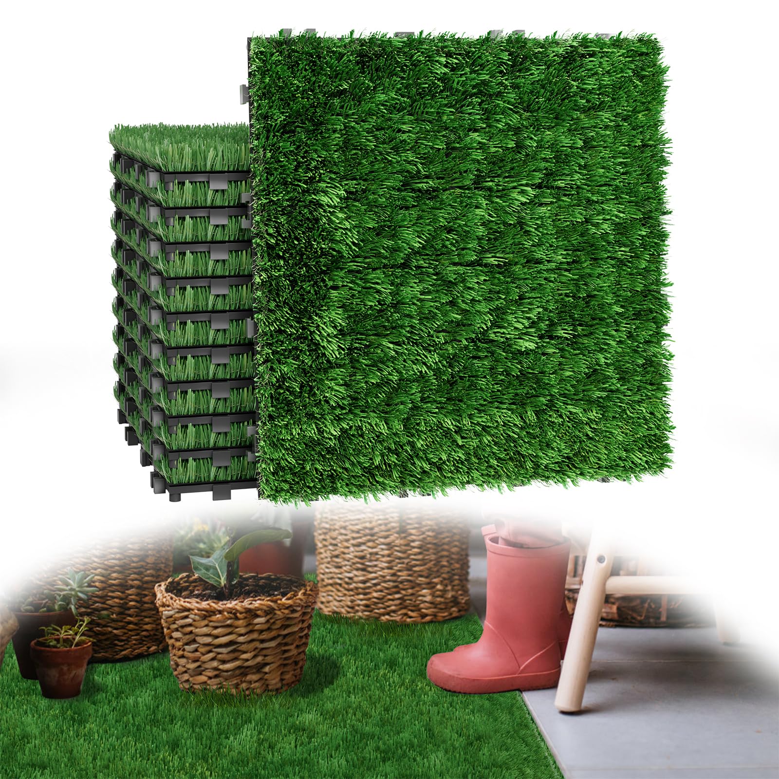 LZQ Lot de 22 tapis de gazon artificiel - 30 x 30 cm - Épaisseur totale : 4 cm - En plastique polyéthylène - Résistant aux UV - Pour jardin, balcon, pique-nique, moquette, extérieur
