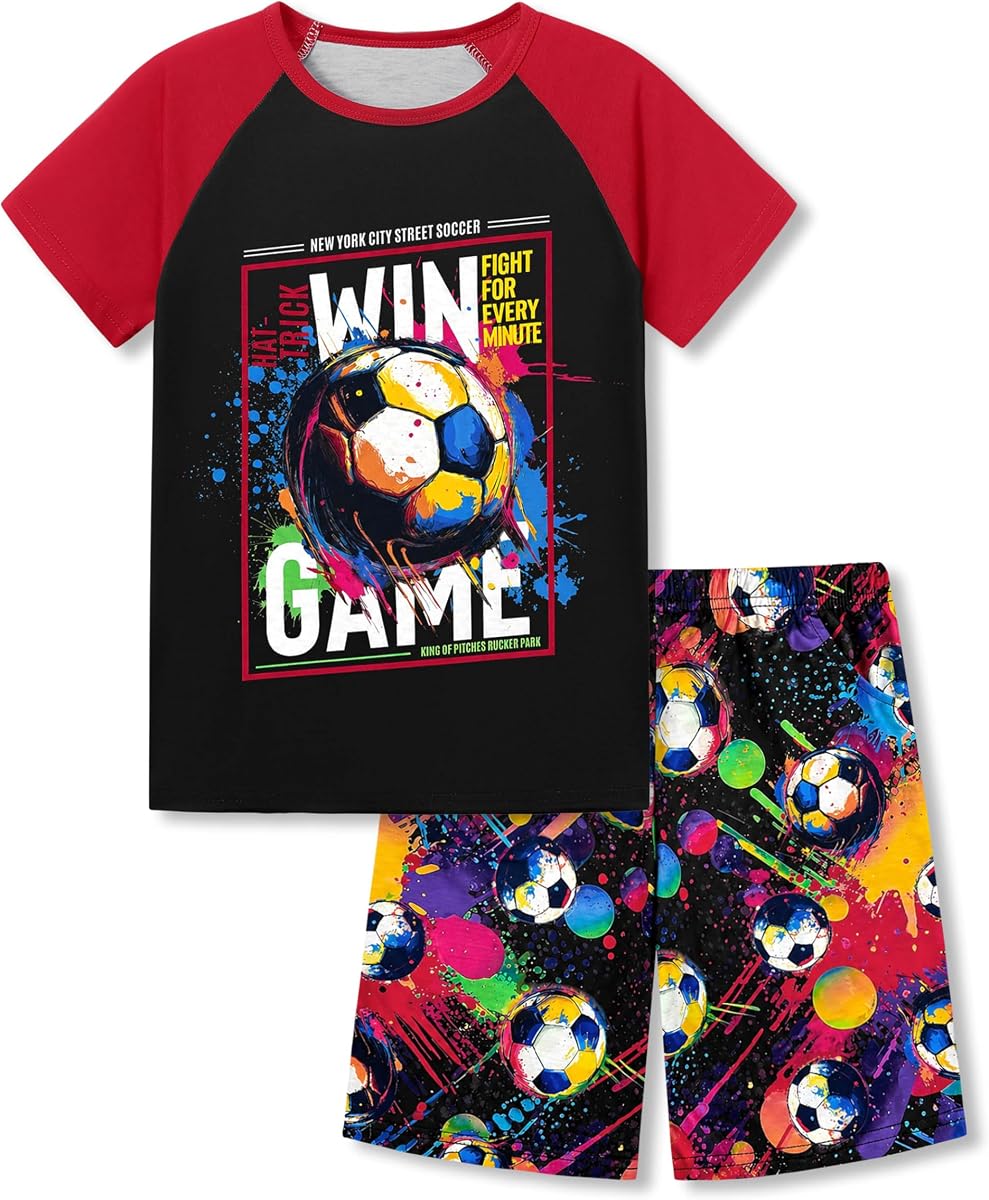 Tebbis Boys Comfy Raglan Pajama Set Fun Print Tee & Shorts Sizes 6-18 | Lightweight Breathable Fabric, 2-Piece PJs, Soft Jammies for Little & Big Boys, Ideal for Lounging and Sleeping