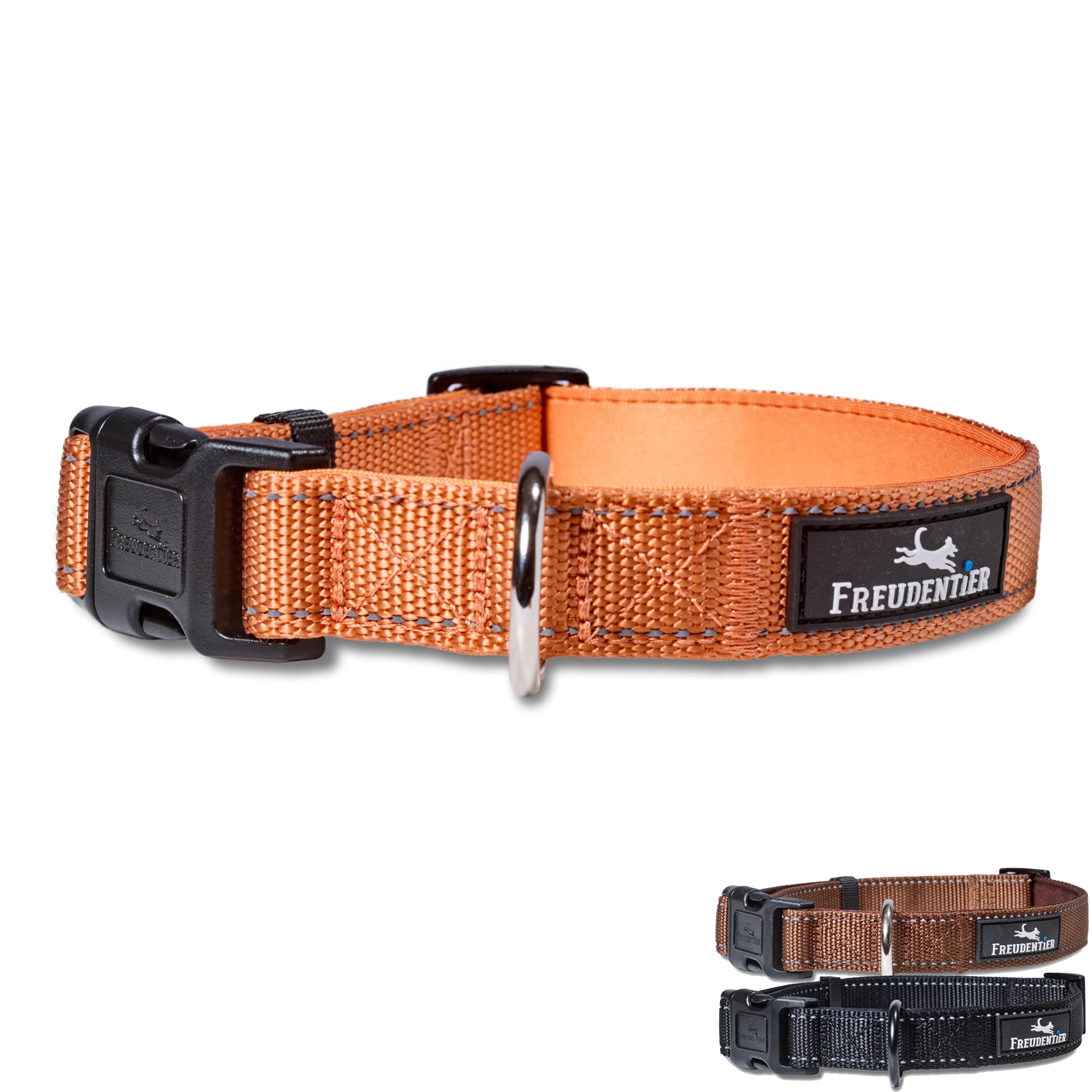 FREUDENTIER Hundehalsband - weich gepolstert mit Neopren, reflektierend & robust - Halsband Hund für kleine, mittelgroße & große Hunde (Sunset Orange, 35-50CM)