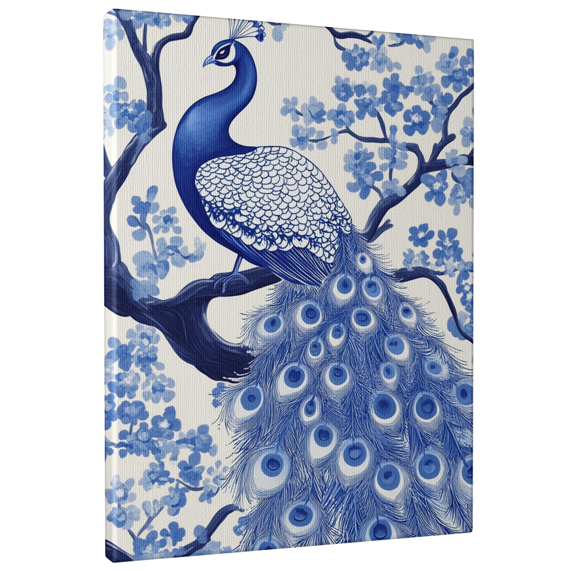 Peacock Floral Canvas Wall Art, Blue White Bird Print, Spring Aesthetic Decor for Living Room, Bedroom, Home Office, Wrapped Canvas 16x20 Inch