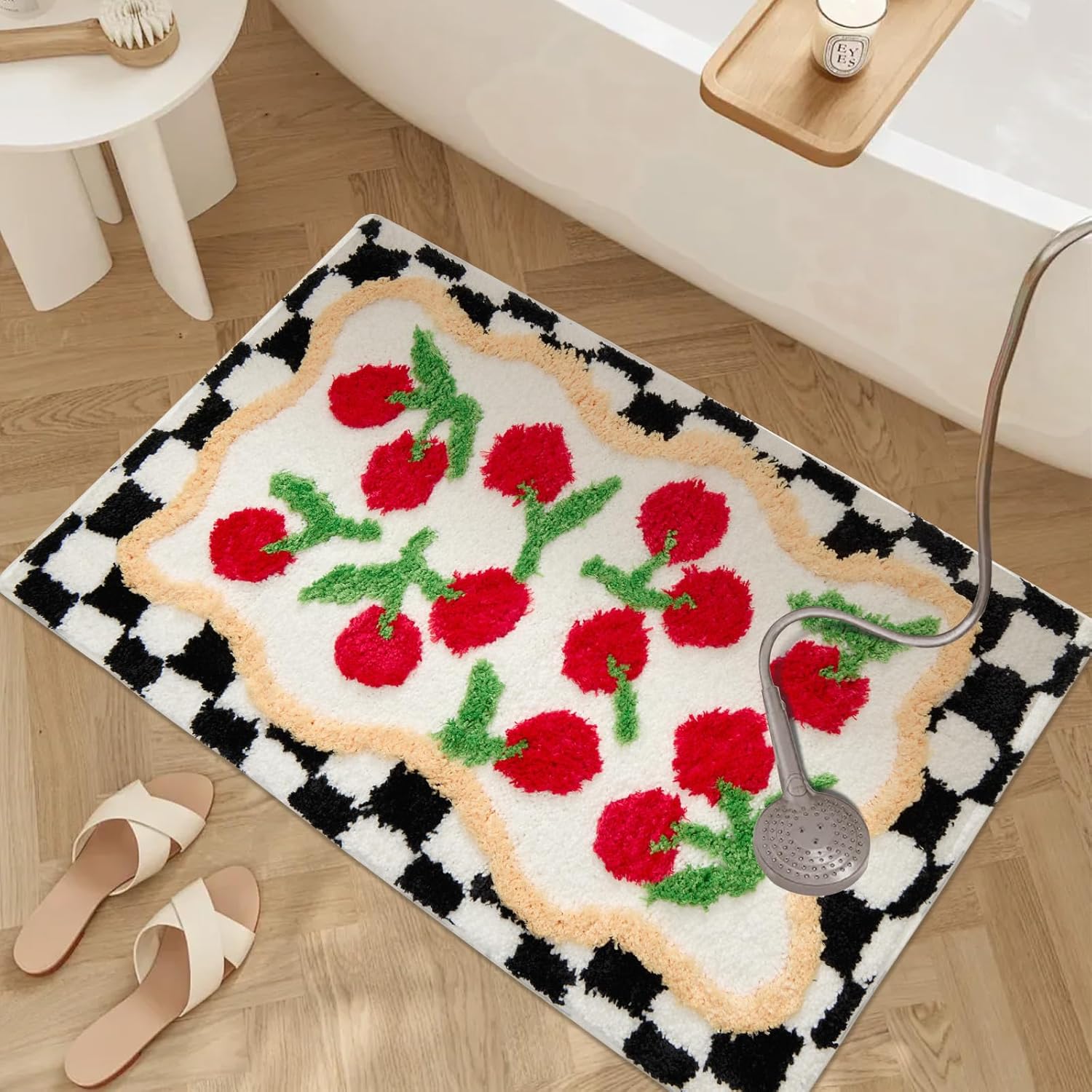 ORTIGIA Cute Checkered Bathroom Rug Red Cherry Bath Mat Soft Microfiber Non Slip Washable Absorbent Rugs for Laundry Sink Floor Decor, 20x32 inch