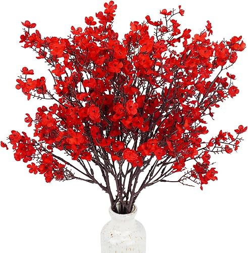 Uieke 15 piezas de flores artificiales de aliento de bebé, flores artificiales de seda roja de tacto real, ramo de gypsophila para Navidad,
