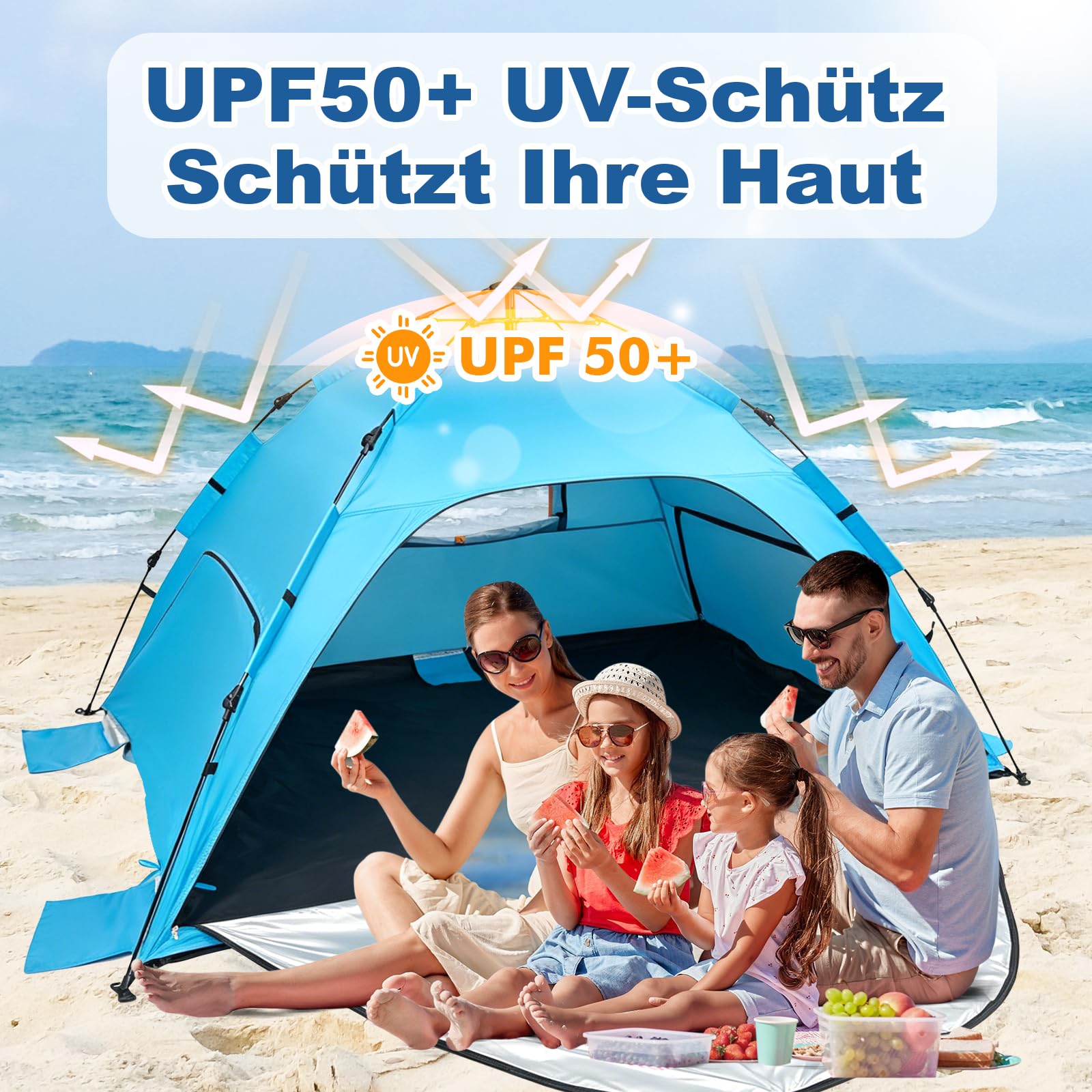 Strandzelt Strandmuschel Pop Up, UV Schutz 50+ Sonnenzelt mit Wasserdichter Strandmatte für 3-4 Personen, 3 Türen Belüftung & herausnehmbarer Boden, Tragbar Windschutz Baby Zelt für Strand Urlaub