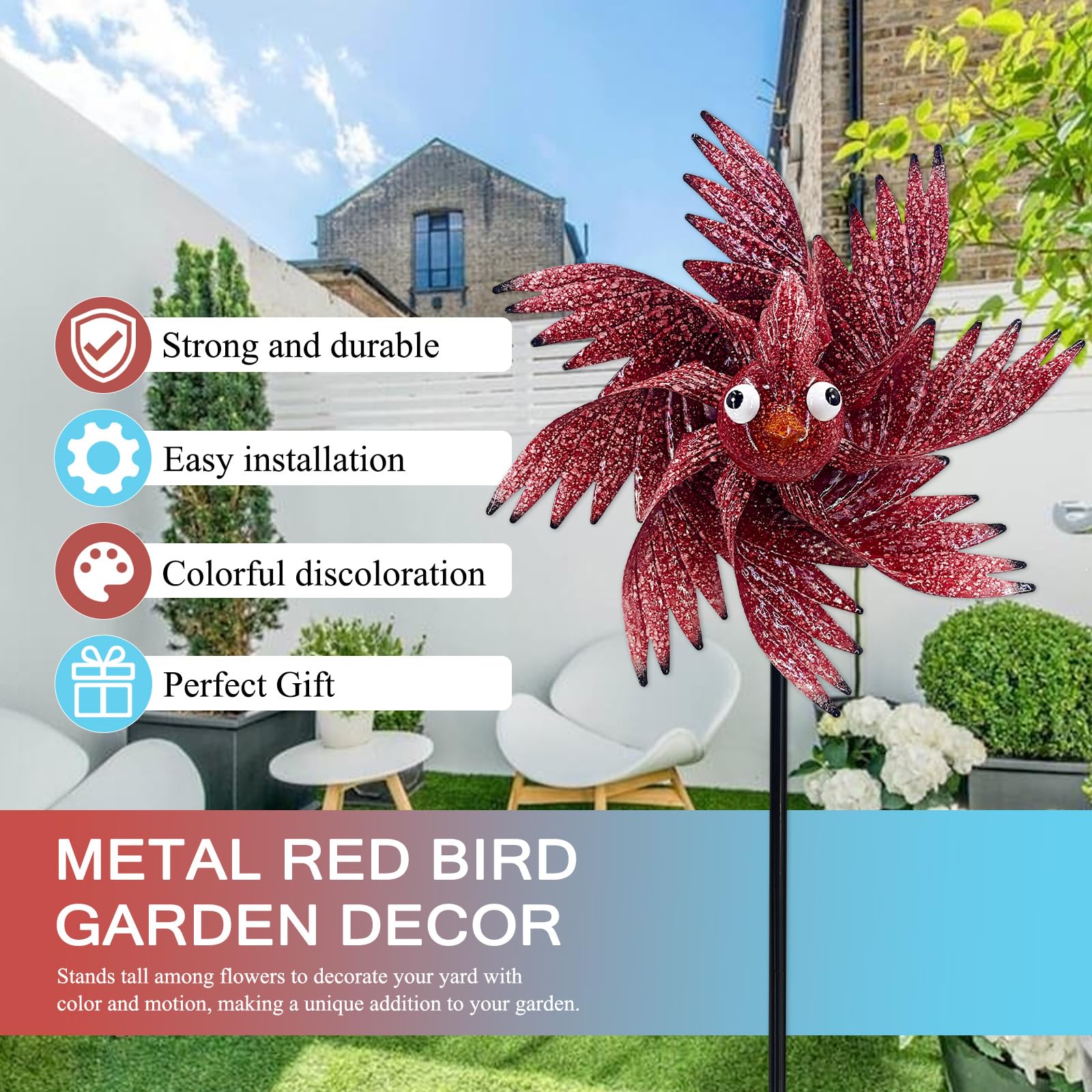 Molinillo de viento de metal para decoración de pájaros, para patio, césped y jardín, 42.5 pulgadas