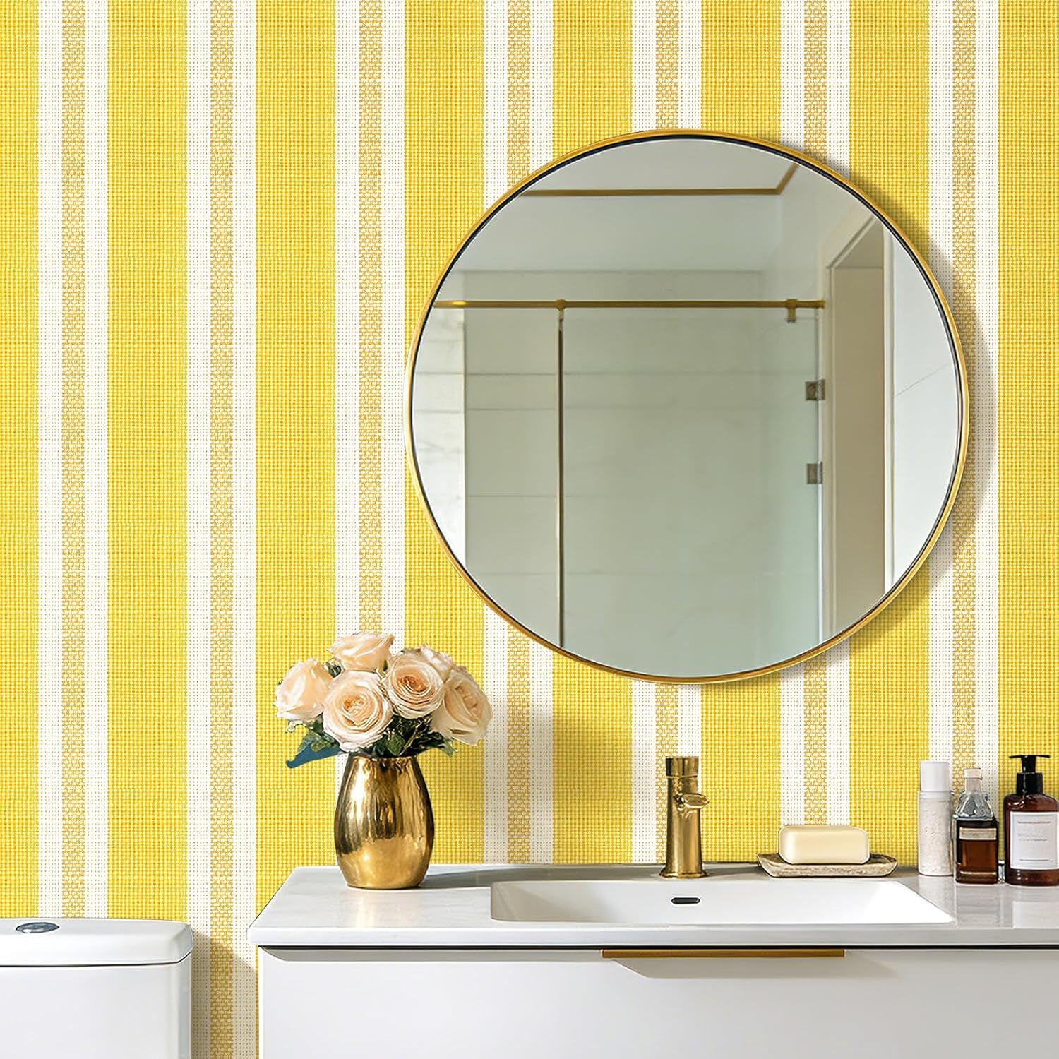 17.5x393 Striped Peel and Stick Wallpaper Yellow Stripes Renter Friendly Gold and White Stripe Wallpaper for Bedroom Nursery Kids Room Boy Girls Linen Stripes Contact Paper for Cabinets