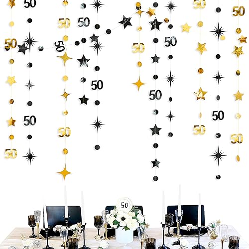 Miniatura 6 de Decoraciones negras de cumpleaños número 50, guirnalda de estrellas centelleantes con el número 50, guirnalda metálica para colgar en banderines