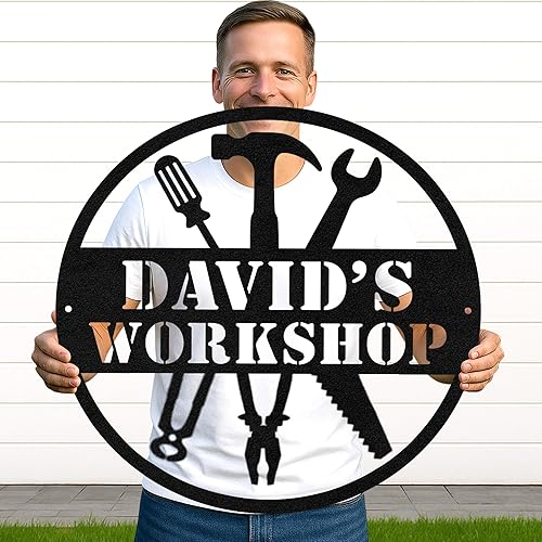 Miniatura 18 de Letrero de taller de garaje personalizado para hombres, arte de pared de metal con nombre personalizado para cobertizo mecánico, decoración rústica
