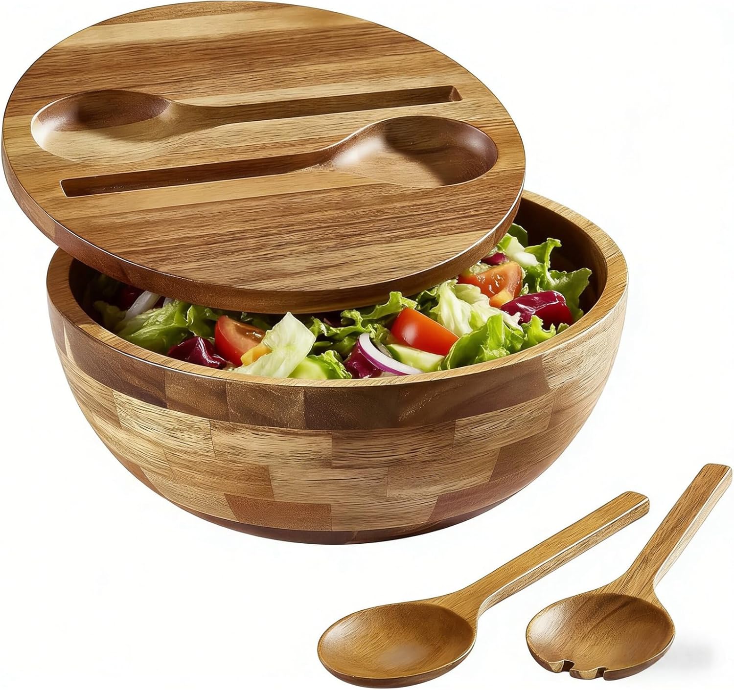 Acacia Wooden Salad Bowl with Lid, Built-in Acacia Wood Utensils, 10.5" Large Wood Serving Bowls for Fruits, Salad, and Vegetables, Big Wood Salad Bowls Set 4-Piece, All-in-One Design