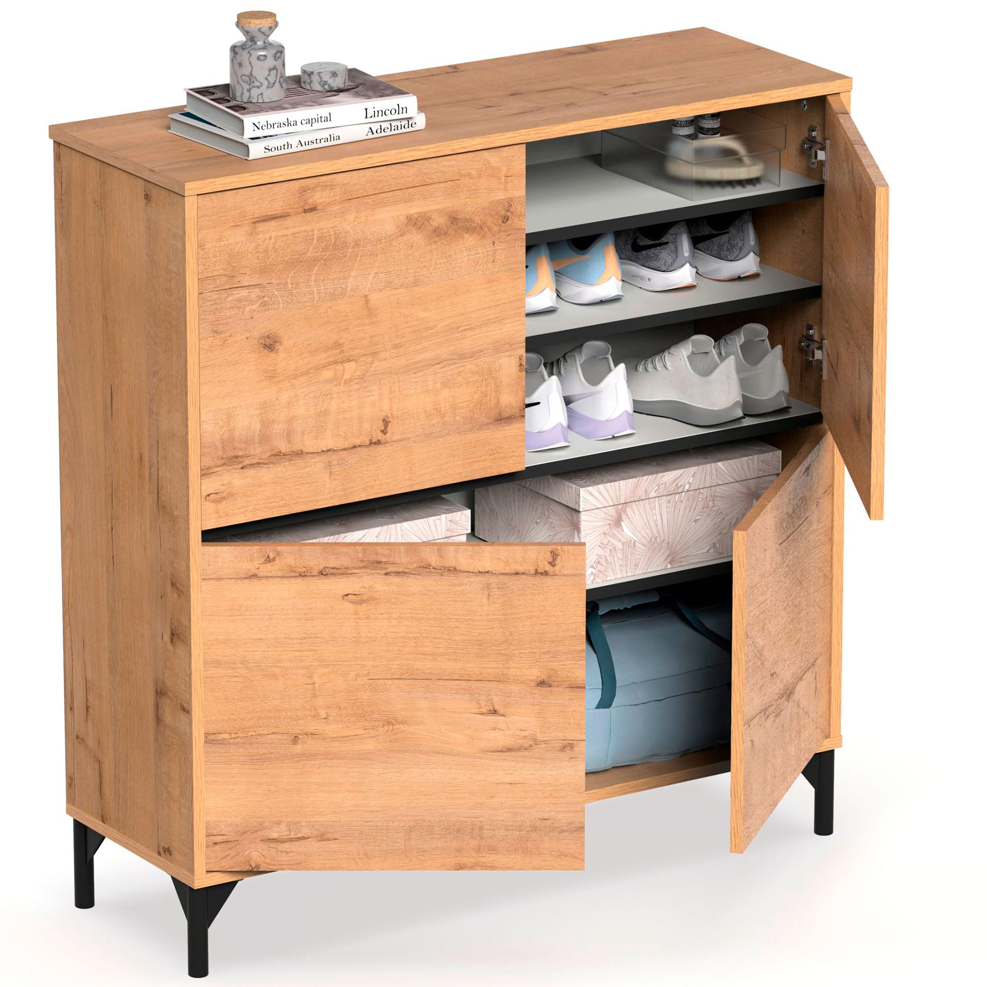 briebe Zapatero Entrada Recibidor, Mueble Auxiliar de Madera para Zapatos, 4 Puertas, 101x96,5x33 cm (Alto x Ancho x Profundo) 20 Pares Aproximadamente, Harmony Roble Gold